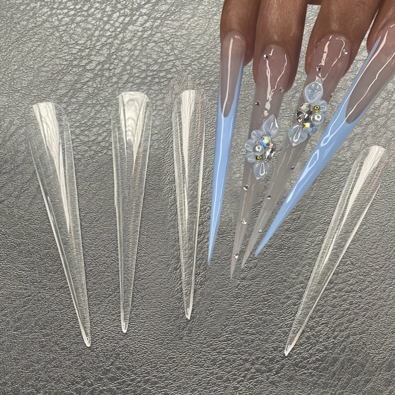 5Xl Long Full-Cover Nail Tips, Long Teardrop Shaped Nails, Transparent Salon Pointed Nails with 60pcs