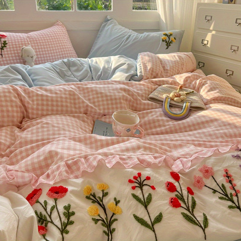 Pink Checkered + 3D Floral Embroidery Duvet Cover Set (1 Duvet Cover + 2 Pillowcases)