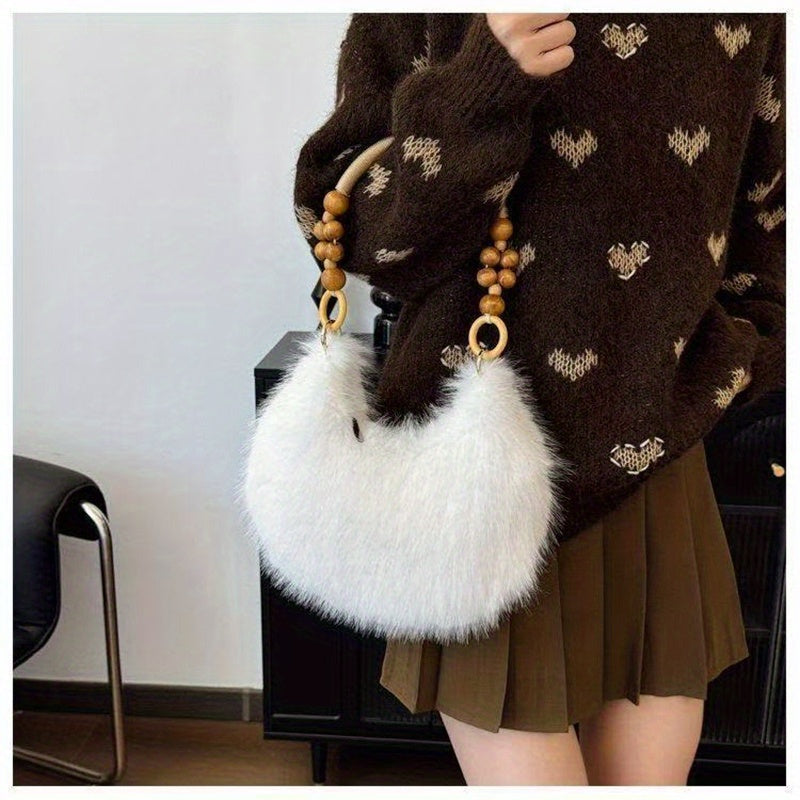 Women'S Plush Faux Fur Handbag with Wooden Handles - Soft Beige & Brown, Zipper Closure, Perfect for Fall/Winter, Casual & Commuting, Versatile for Everyday Use, Casual Carryall | Plush Faux Fur Bag | Zipper Closure Bag
