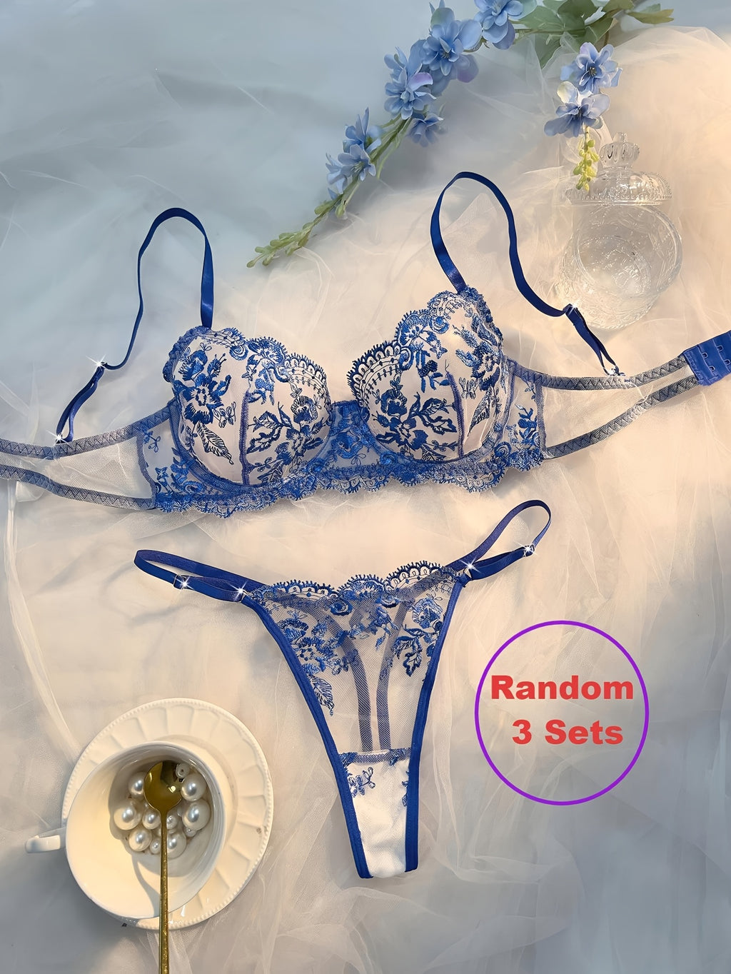 [3pcs} Floral Embroidery Lingerie