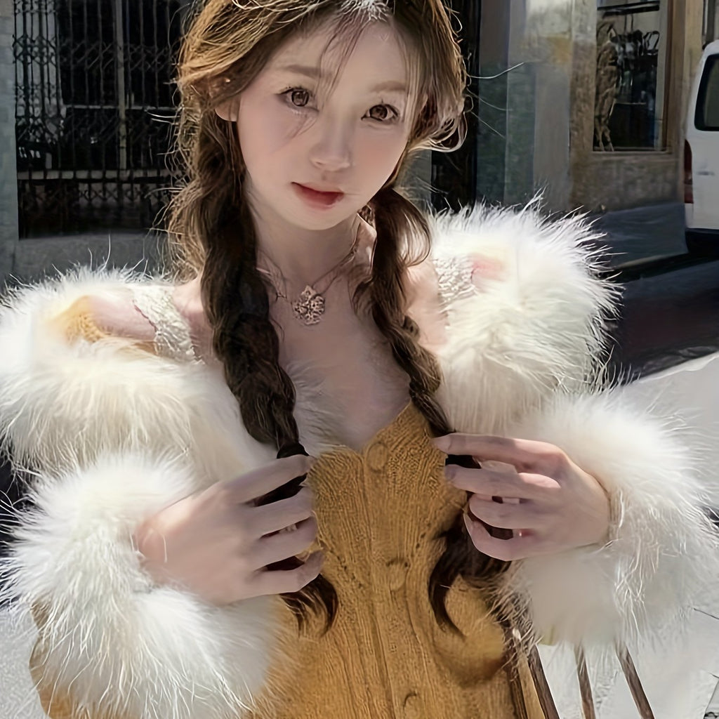 Yellow Hooded Cardigan with Faux Fur Trim