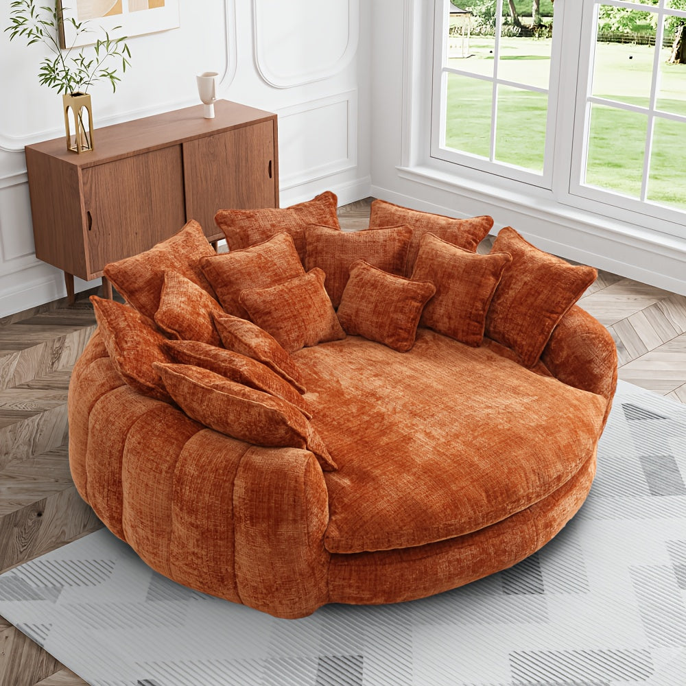 81" Upholstered Chenille Round Sofa Bed with Plush Fluffy Cushion