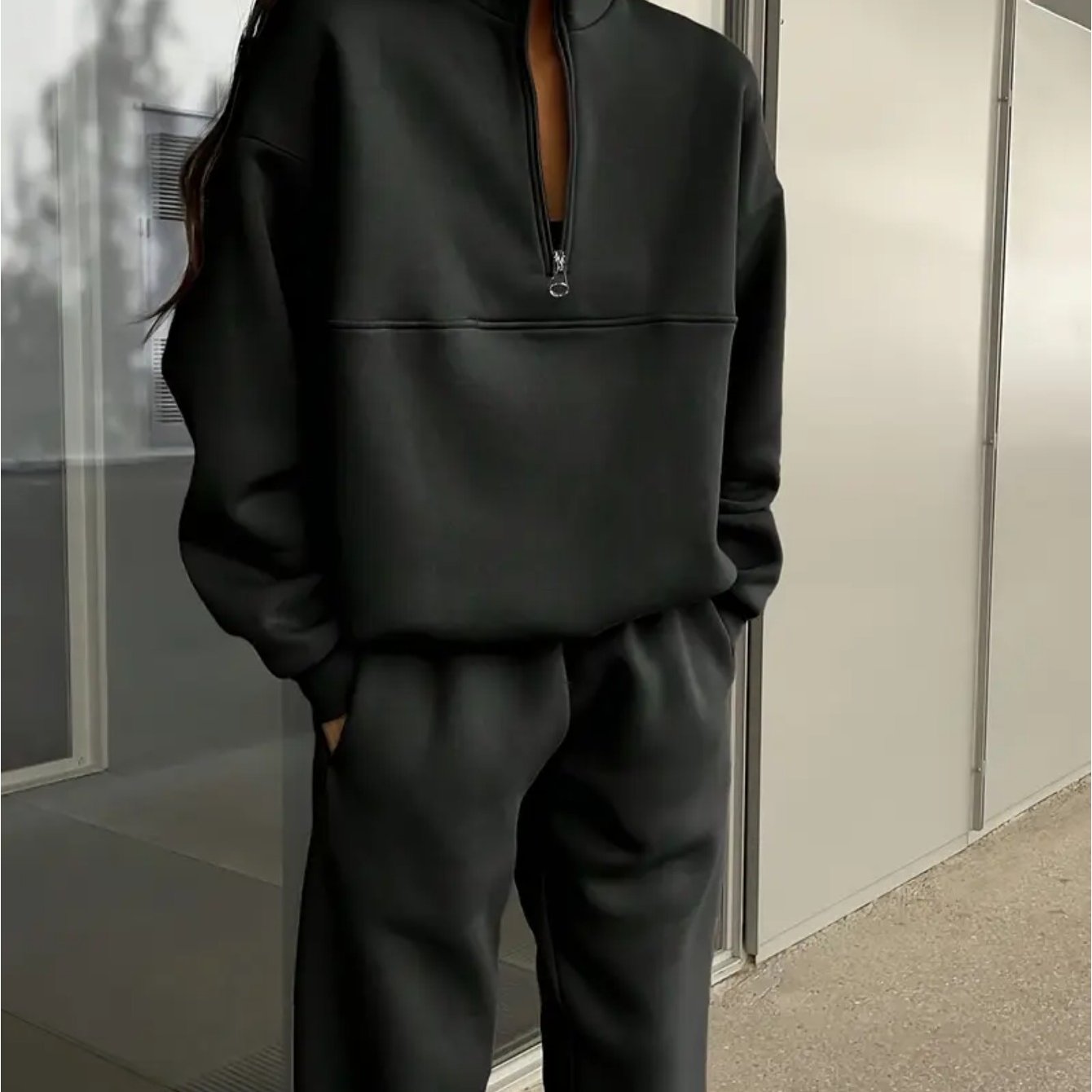 Two-Piece Zip-Up Lapel Solid Color Casual Suit