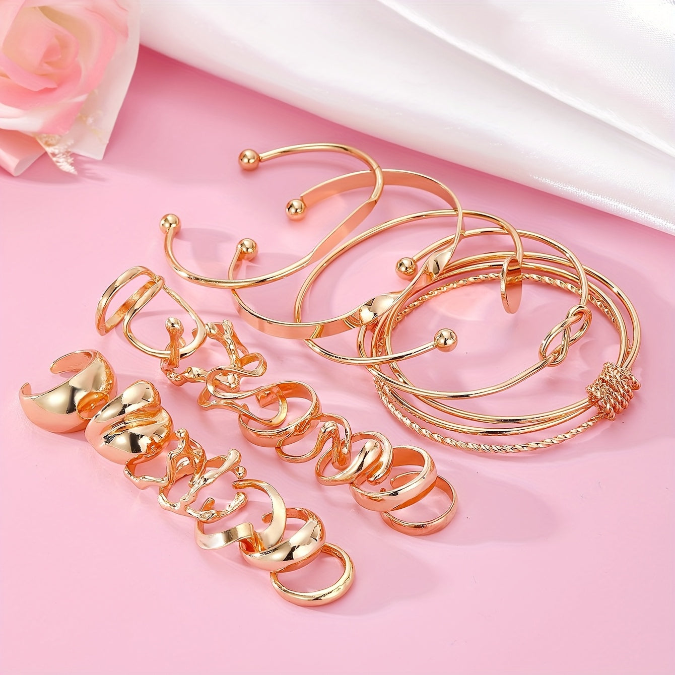 20pcs Set (5 Bracelets + 15 Rings) Jewelry Kit with Irregular Shaped Rings and Stylish Open-End Bracelets