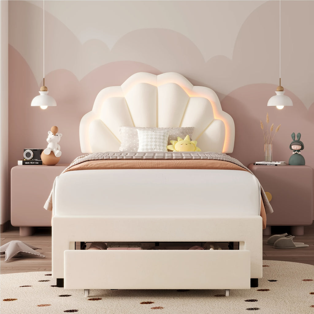 Velvet Upholstered Platform Bed With Adjustable Floral Headboard