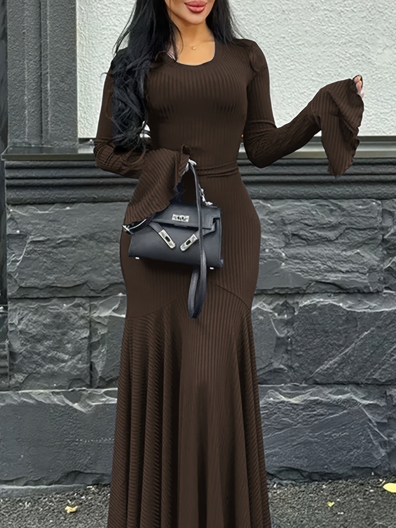 Women's Elegant Fall Winter Mermaid Dress with Bell Sleeves & Back Tie Closure - Long Sleeve A-Line Floor-Length Formal Party Wedding Dress, Machine Washable Round Neck Solid Color (Medium Stretch)