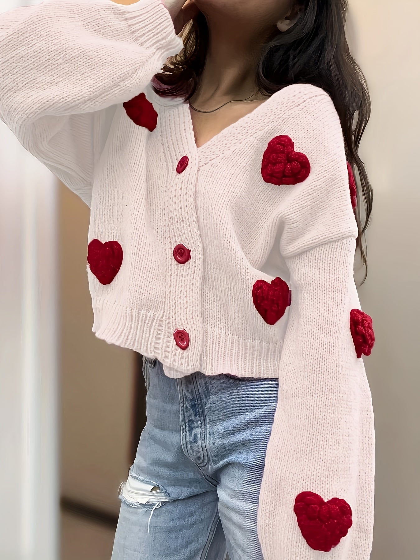 Chic Handmade Heart Pattern V-Neck Cardigan