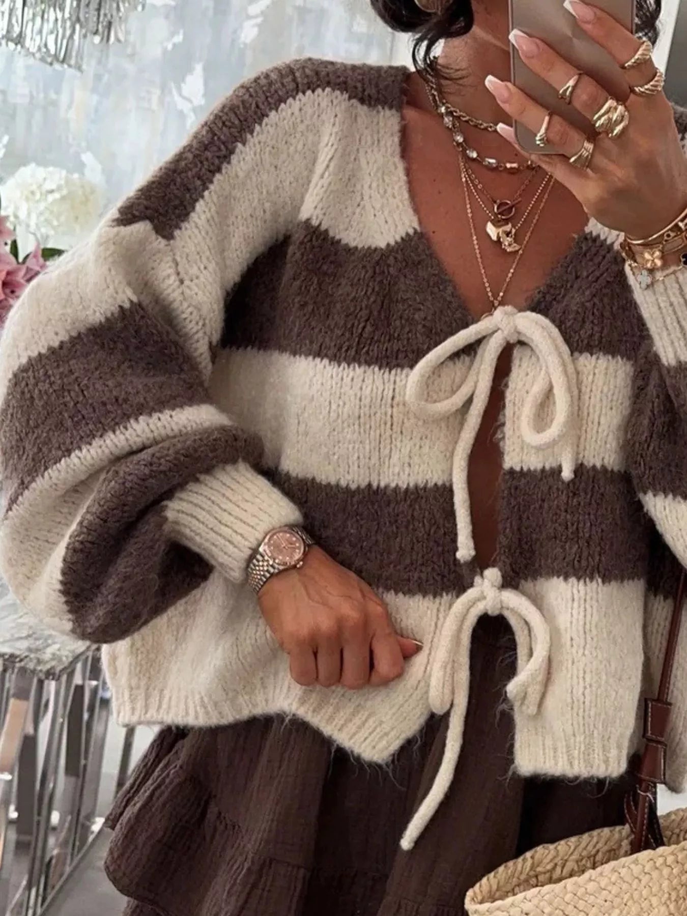 Striped Tie-Front Knit Cardigan