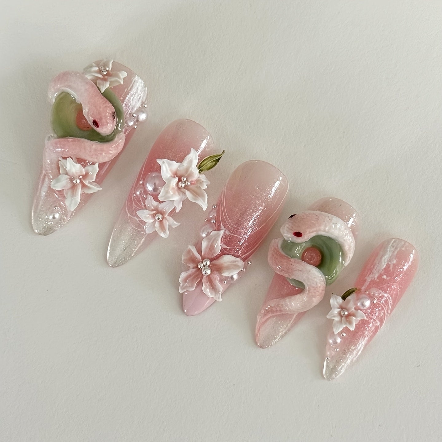 10pcs Handmade 3D Press-On Nails Almond Shape Short Length - Sweet & Edgy Snake & Flower Relief Designs with Glitter 3D Layered Nail Art Suitable for Women's Daily Wear, Parties, Christmas Gift (Handmade Press-On Nails)