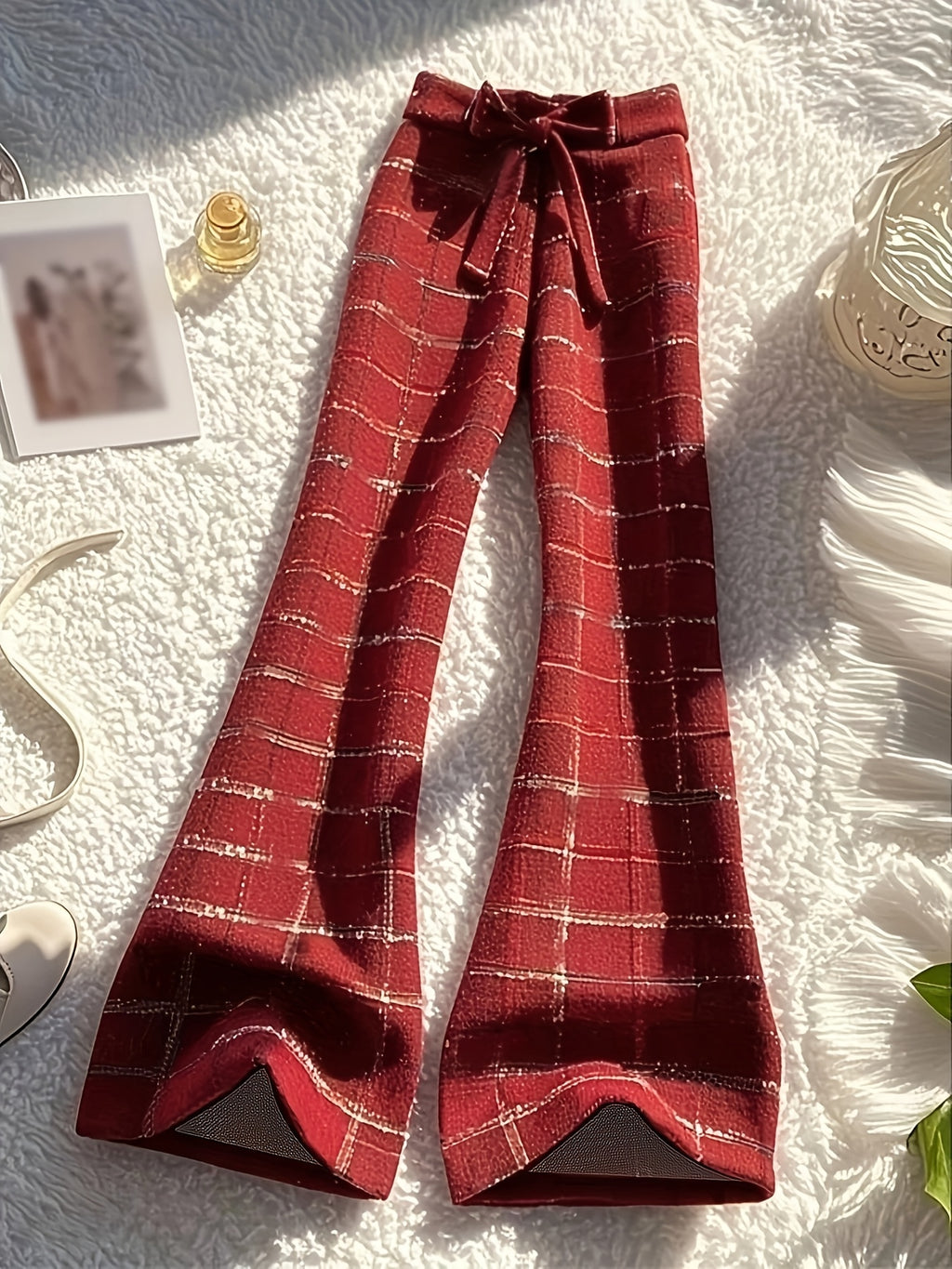 Red Plaid Flared Wide-Leg Casual Trousers