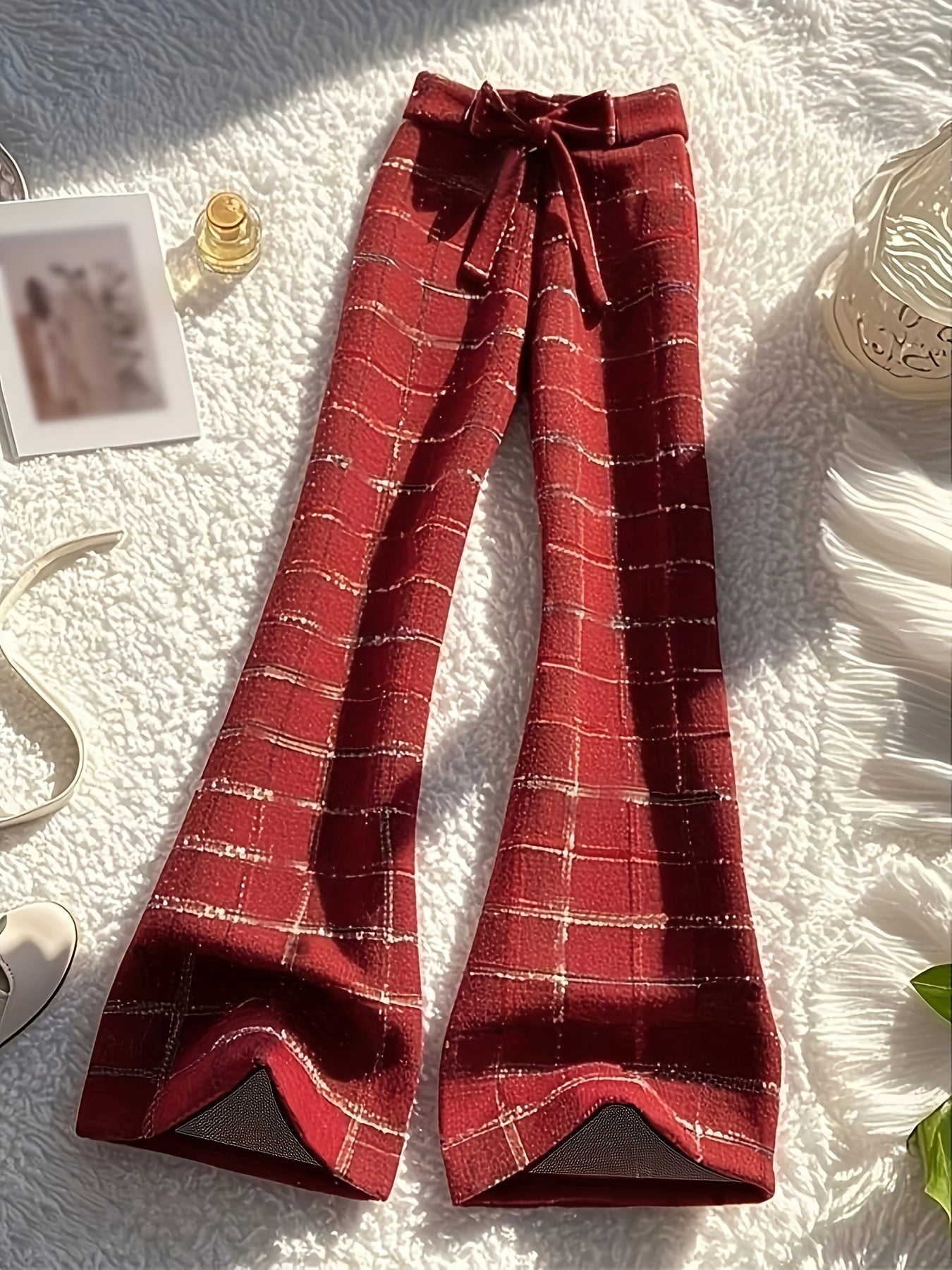 Red Plaid Flared Wide-Leg Casual Trousers