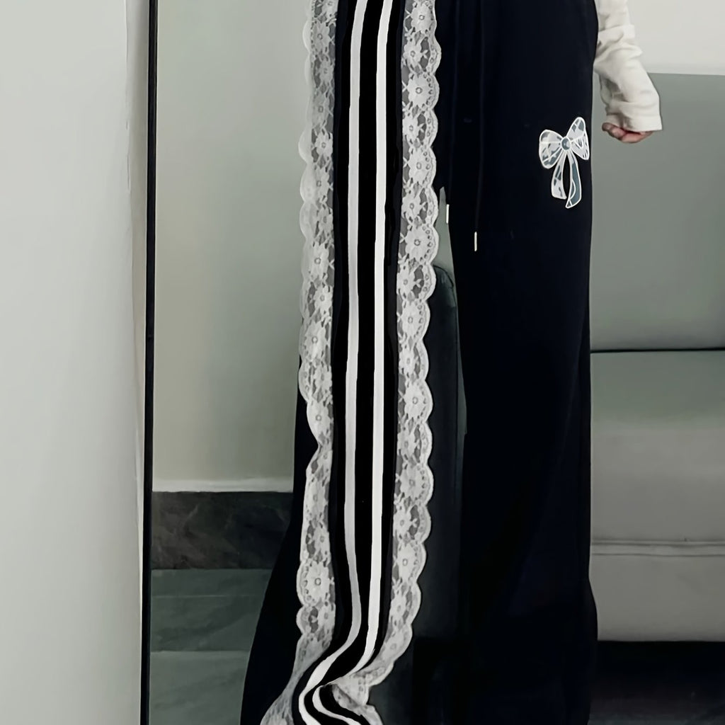 Wide-Leg Pants with Contrast Lace Trim & Pockets
