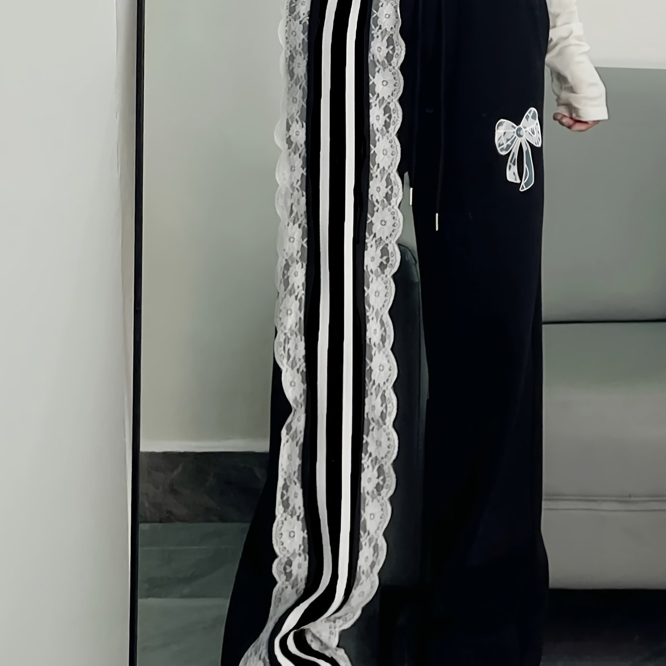 Wide-Leg Pants with Contrast Lace Trim & Pockets