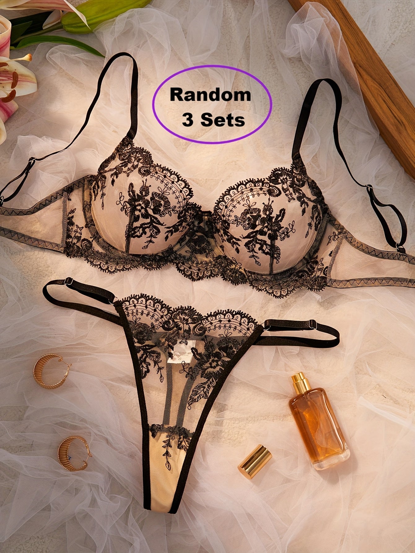 [3pcs} Floral Embroidery Lingerie