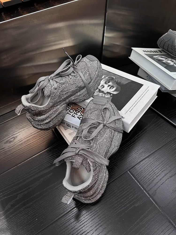 Rhinestone-Adorned Thick-Soled Dad Sneakers