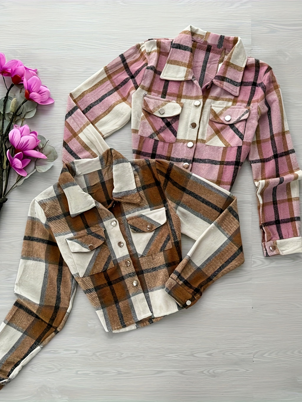 Women'S Plaid Shirt Set - Casual Long Sleeve, Button-Up, Square Neck, Short Length, Fall/Winter Collection, Casual Attire|Plaid Pattern|Sleeveless Shirt