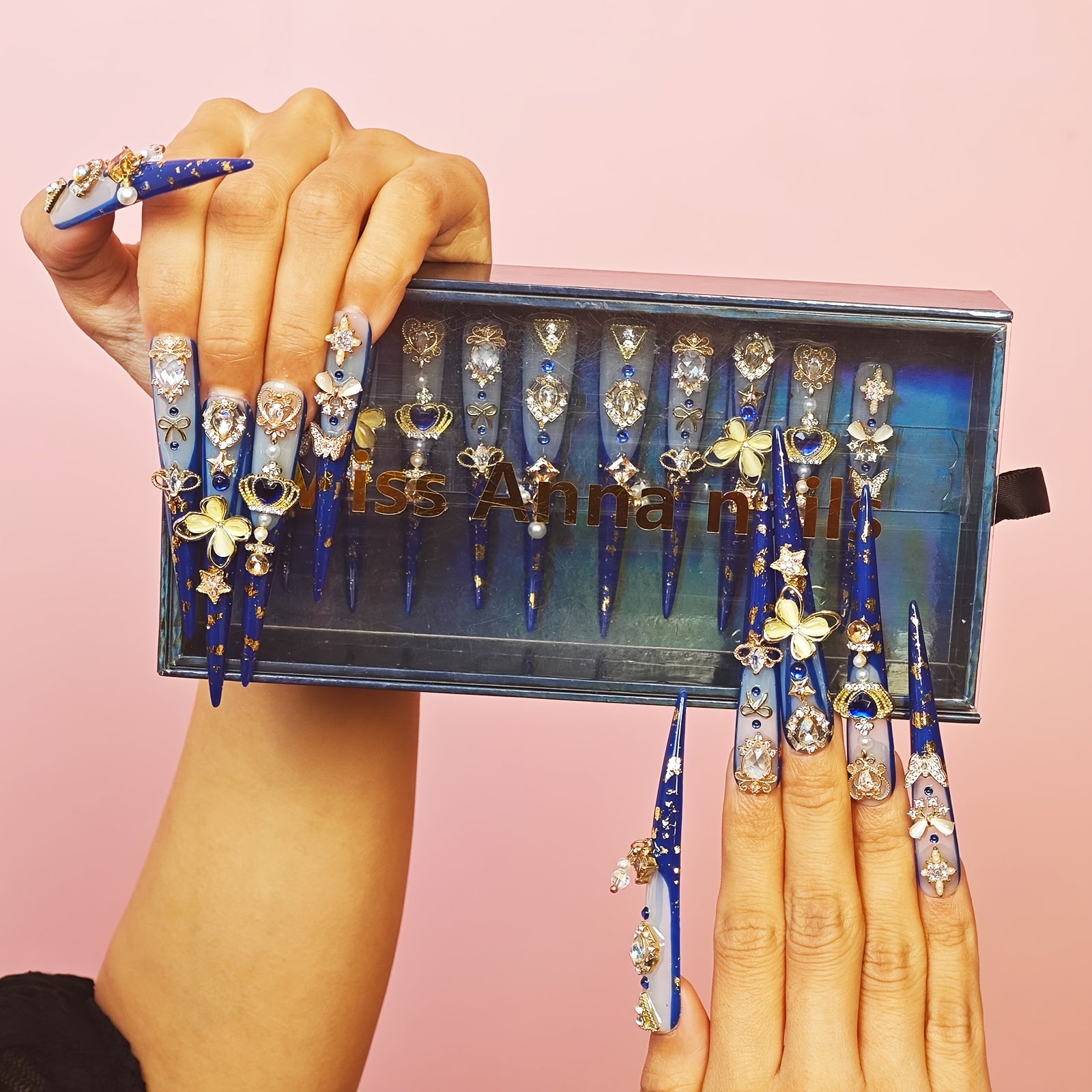 Handmade Luxury Limited XL Stiletto Press-On Nails - 3D Golden Crown & Butterfly Charms