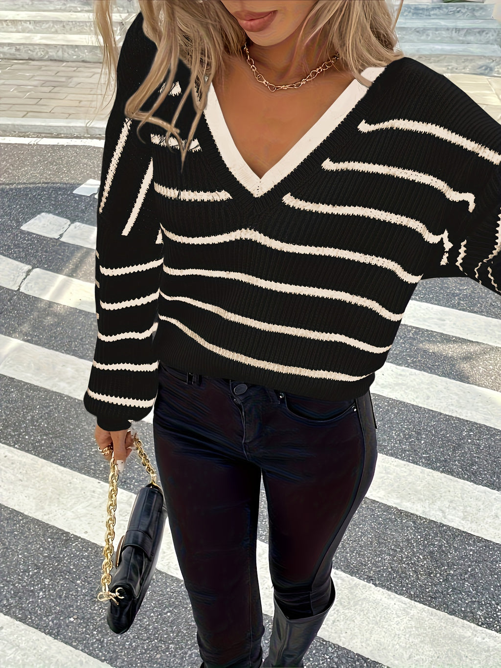 Women'S Elegant French-Inspired Striped V-Neck Sweater with Tie-Back Detail - Casual Long Sleeve Pullover for Fall/Winter, Black & White Vertical Stripes, Button-Up Front, Loose Fit, Casual Winter Wear | Vneck Sweater | Const