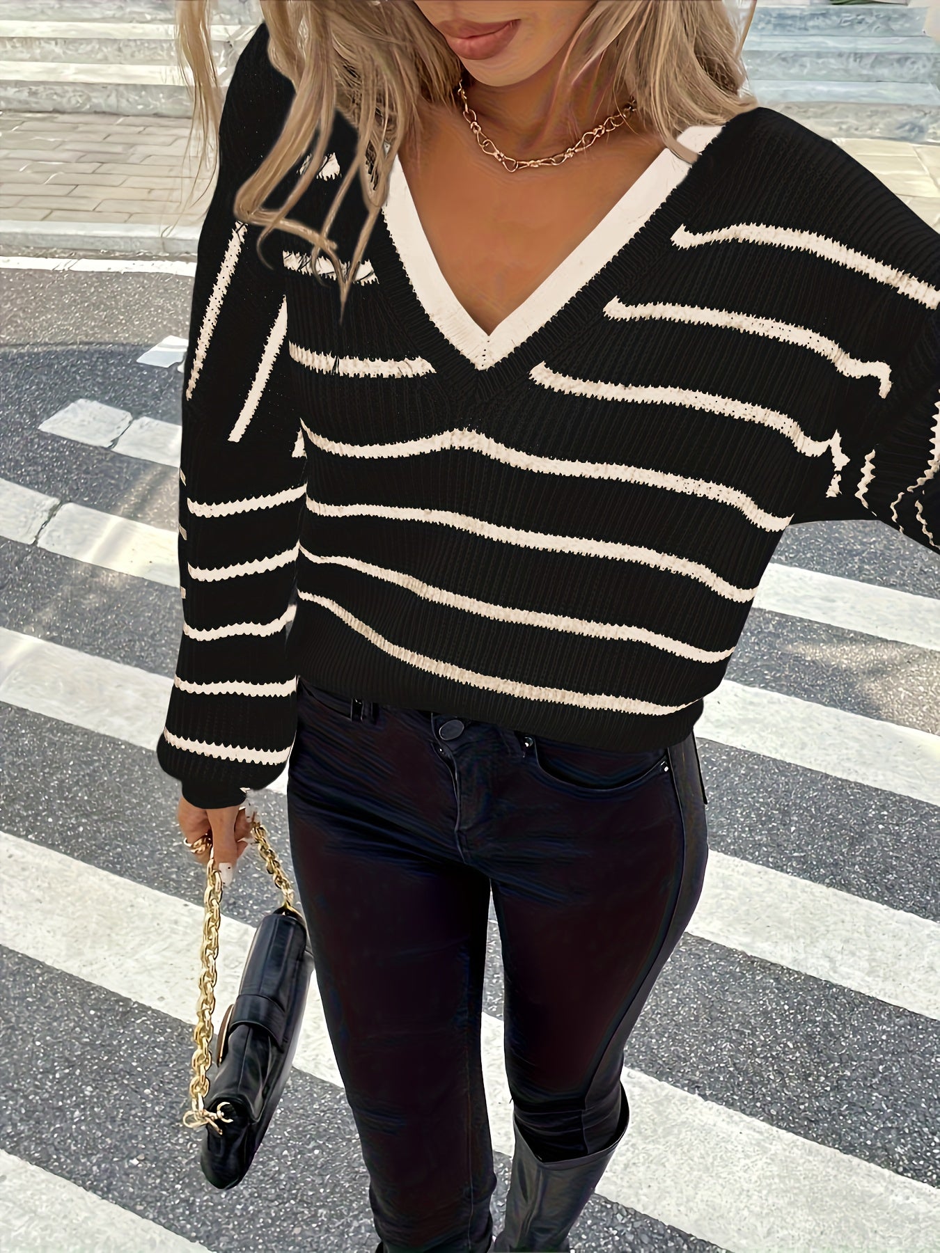 Women'S Elegant French-Inspired Striped V-Neck Sweater with Tie-Back Detail - Casual Long Sleeve Pullover for Fall/Winter, Black & White Vertical Stripes, Button-Up Front, Loose Fit, Casual Winter Wear | Vneck Sweater | Const