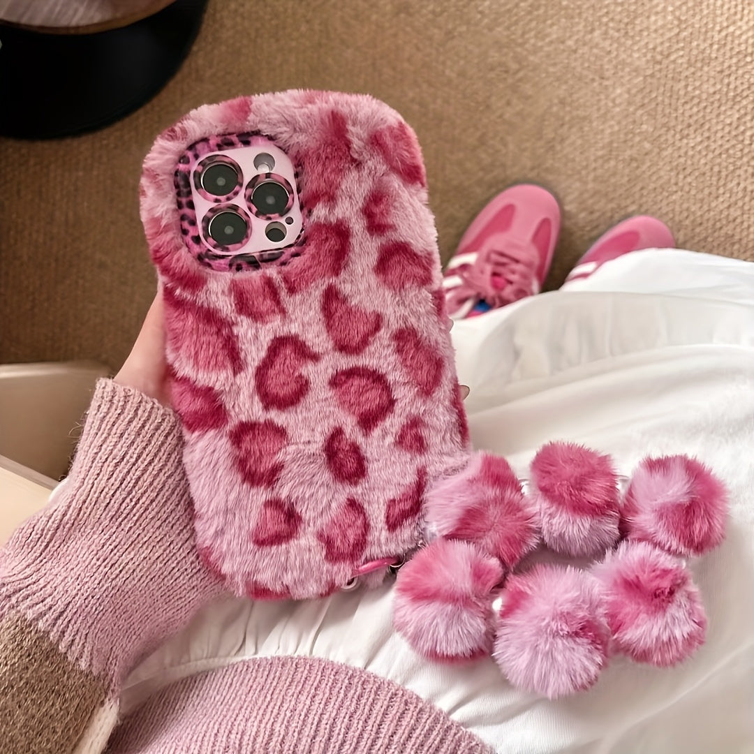 Fluffy Leopard Print iPhone Case with a Wrist Strap