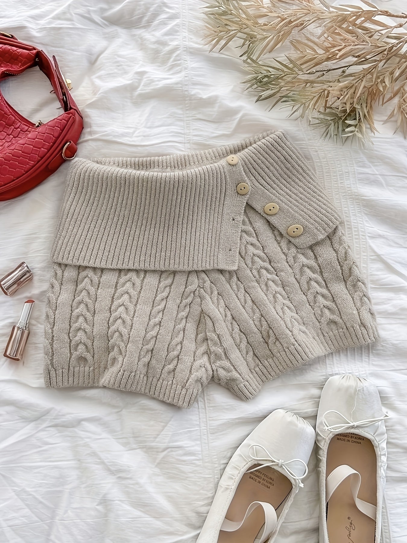 Lapel Button Waist Sweater Shorts