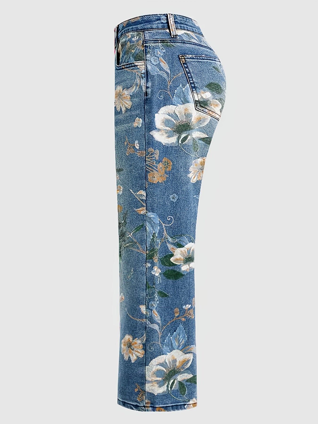 Women'S Large-sized Stretch Retro High-waisted Denim Pants With Bright Floral Print - Casual Retro Street Pants, Machine-washable Denim, Side Pockets