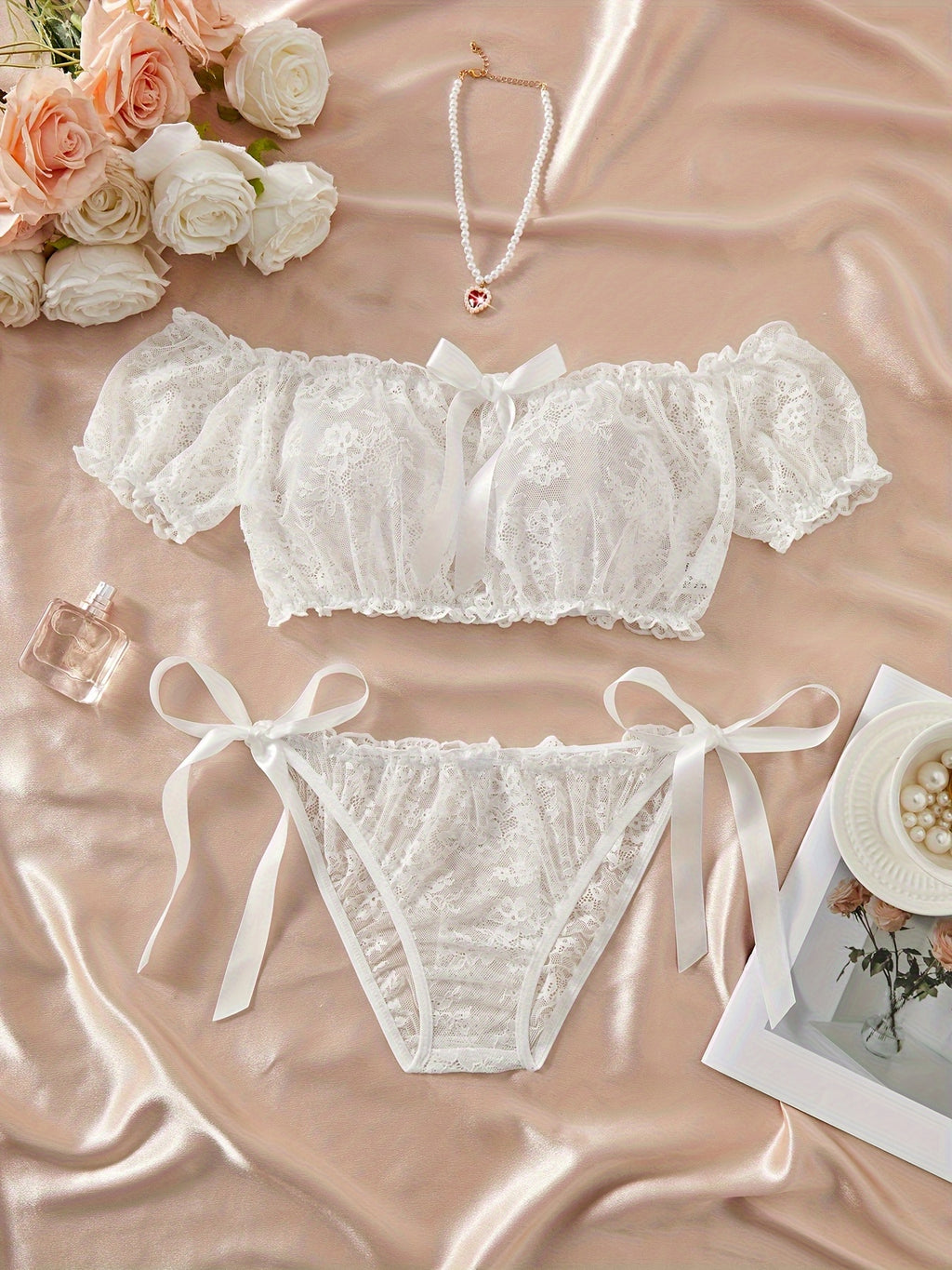 Lace Splicing Off-the-Shoulder Bow Tie Lingerie Set
