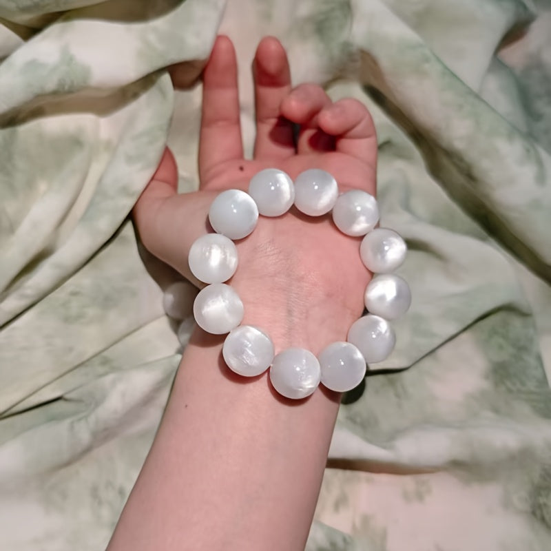 Elegant Bohemian White Cat's Eye Stone Resin Beads Bracelet - 16mm Large Smooth Spherical Beads