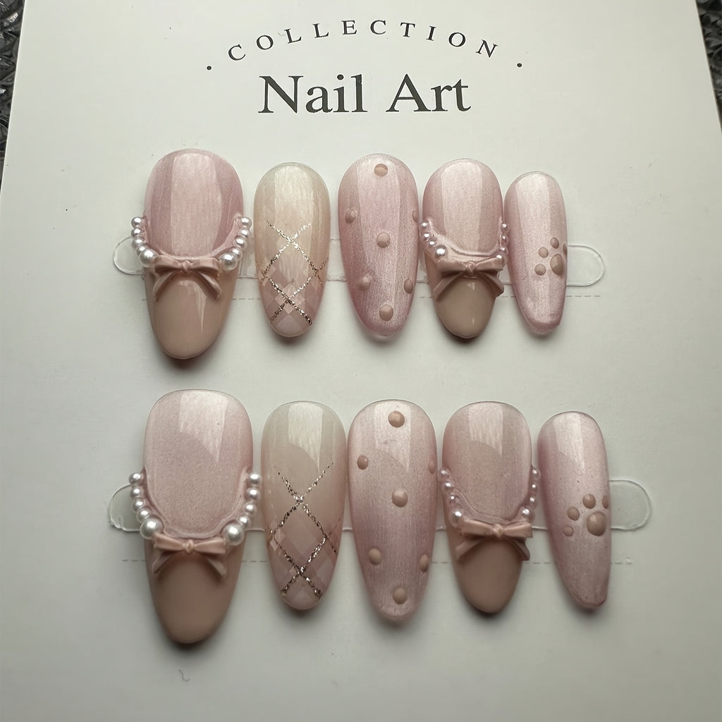 [10pcs} French-Style Pink Cat-Eye Bow Press-On Nails