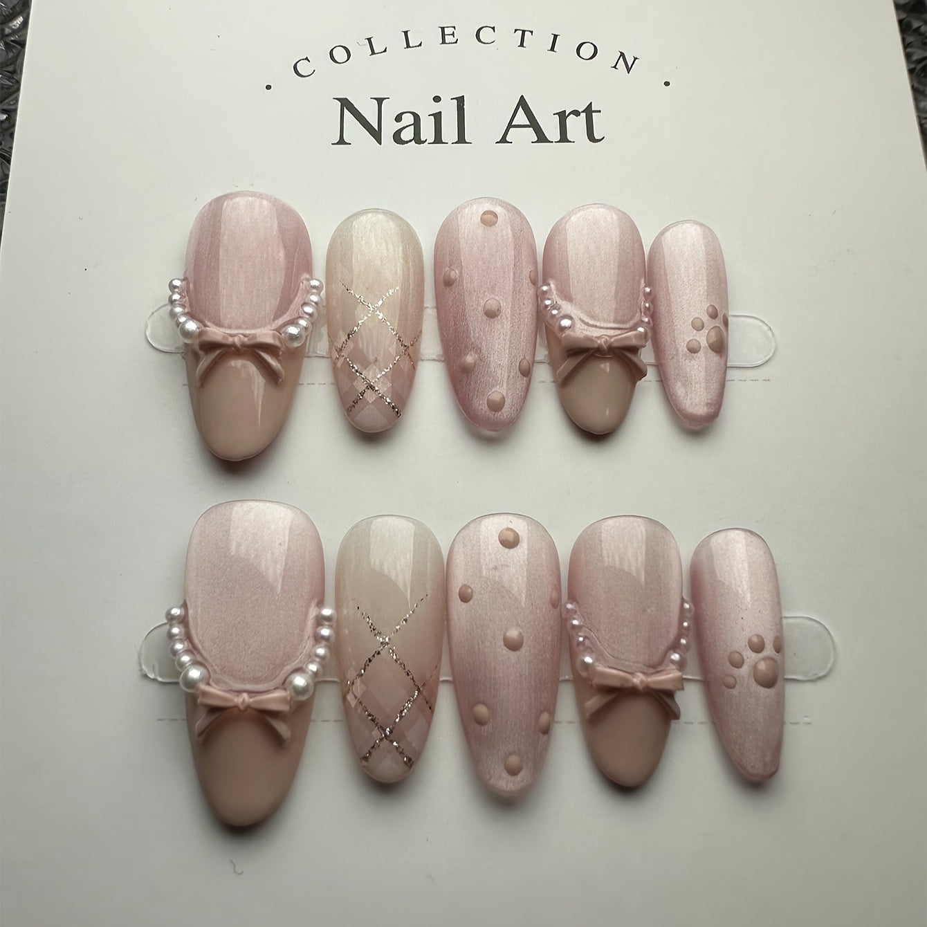 [10pcs} French-Style Pink Cat-Eye Bow Press-On Nails
