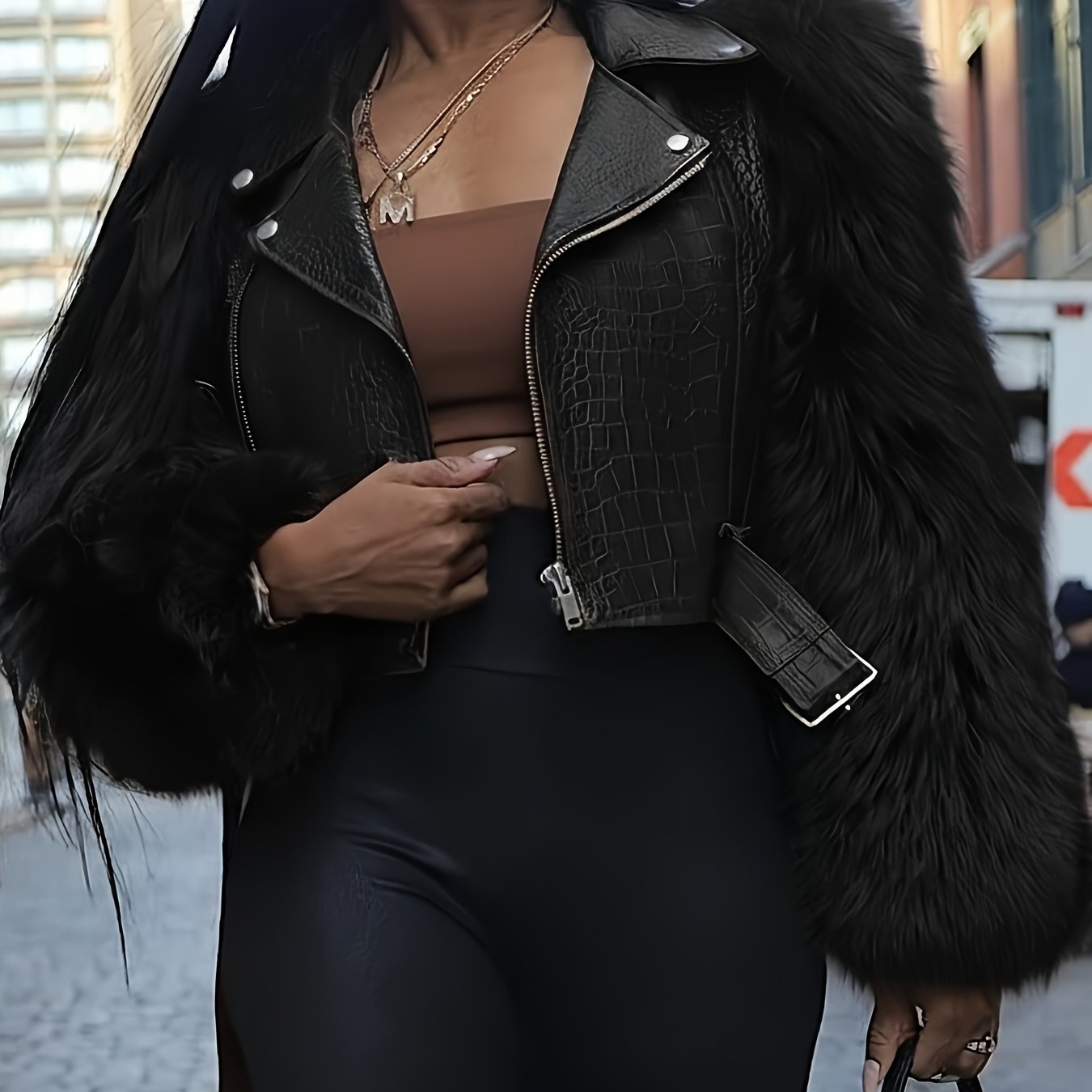 Fluffy Faux Leather Short Jacket