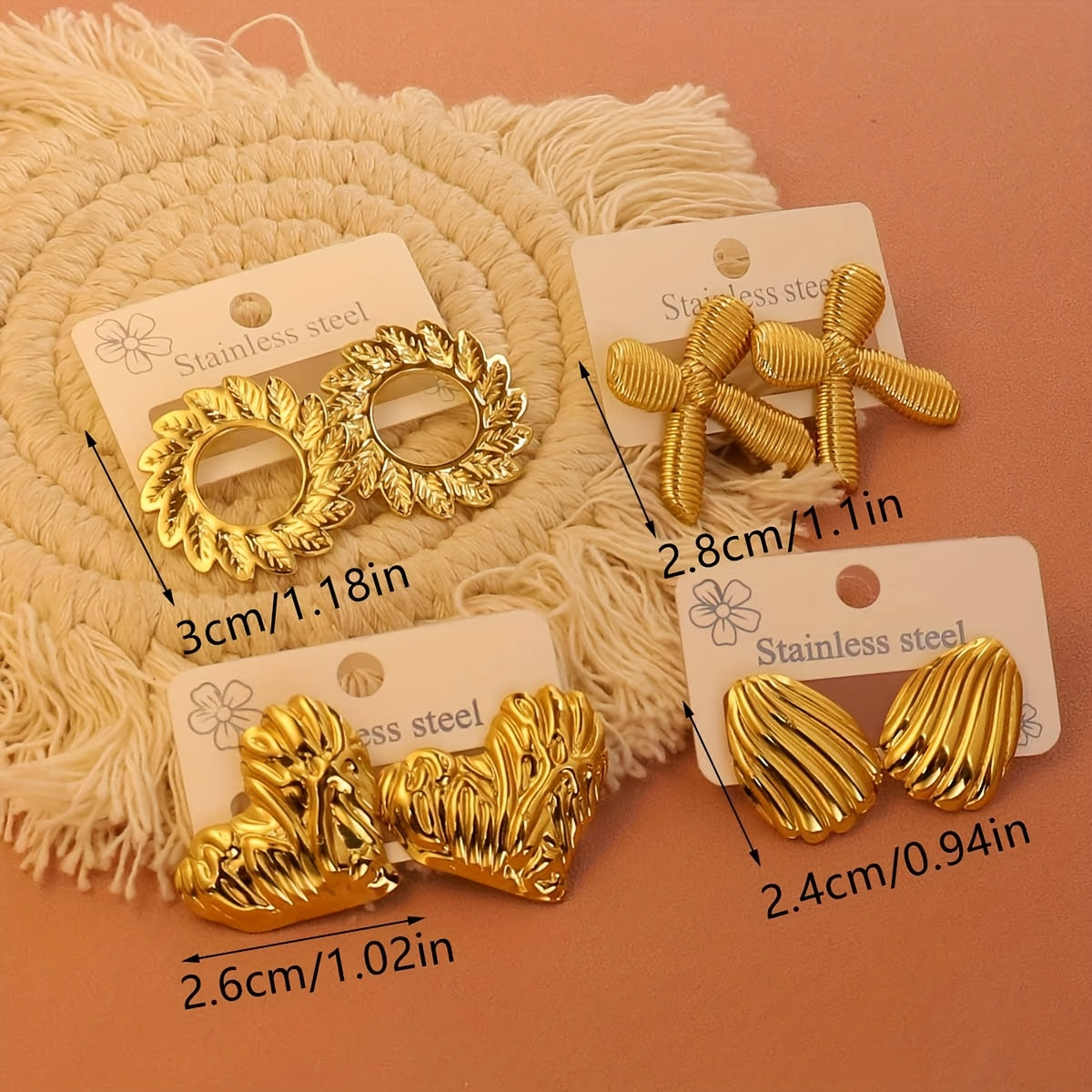 12pcs/Set or 18pcs/Set Stainless Steel Golden Heart/Leaf/Wing Earrings