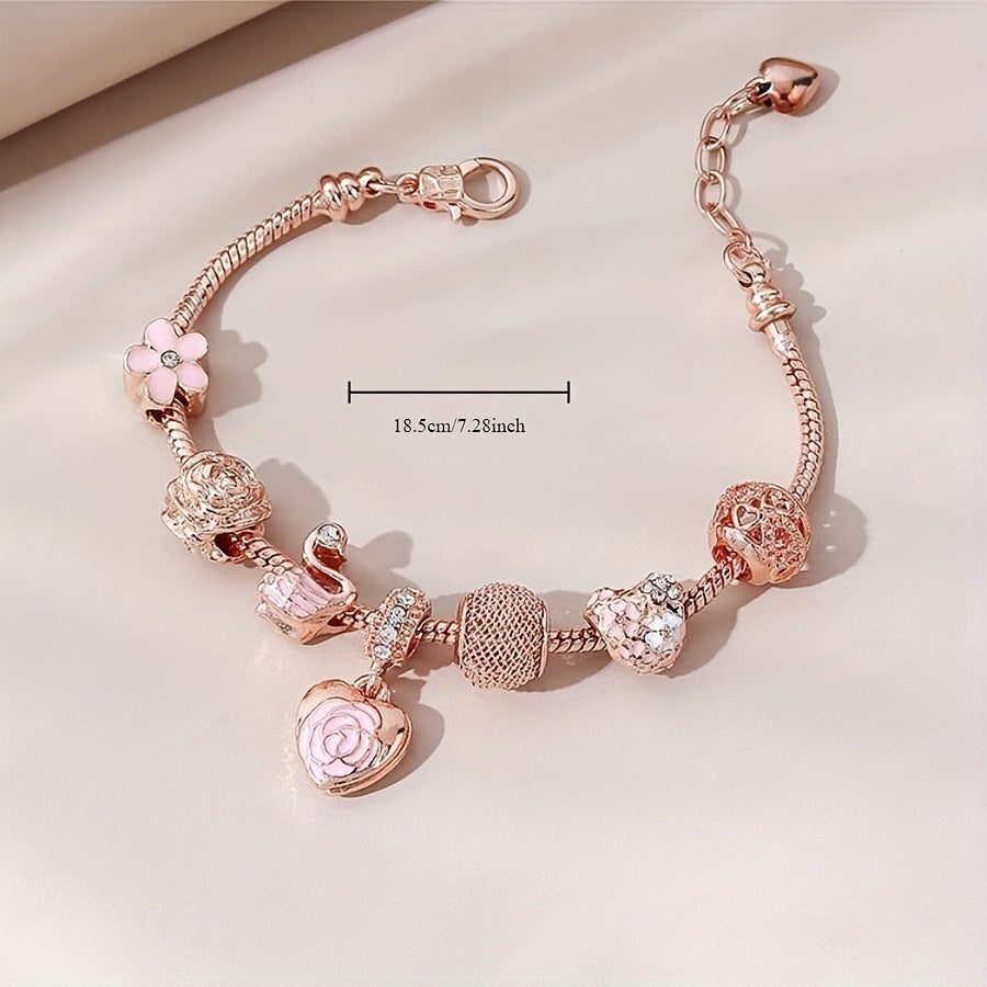 Elegant Adjustable Pink Rose & Swan Charm Bracelet