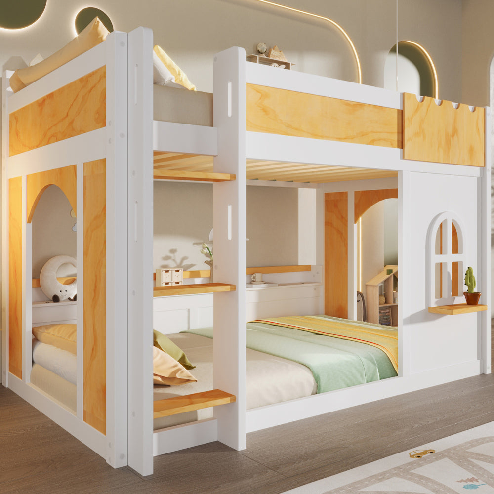 Full over Full Bunk Bed with Storage Shelves, Window & Two Doors - Twin/Full Bed Frame, Space-Saving Heavy-Duty, 550 Weight Capacity, Easy Assembly (White & Natural) for ' Bedrooms, Dorms, Guest rooms