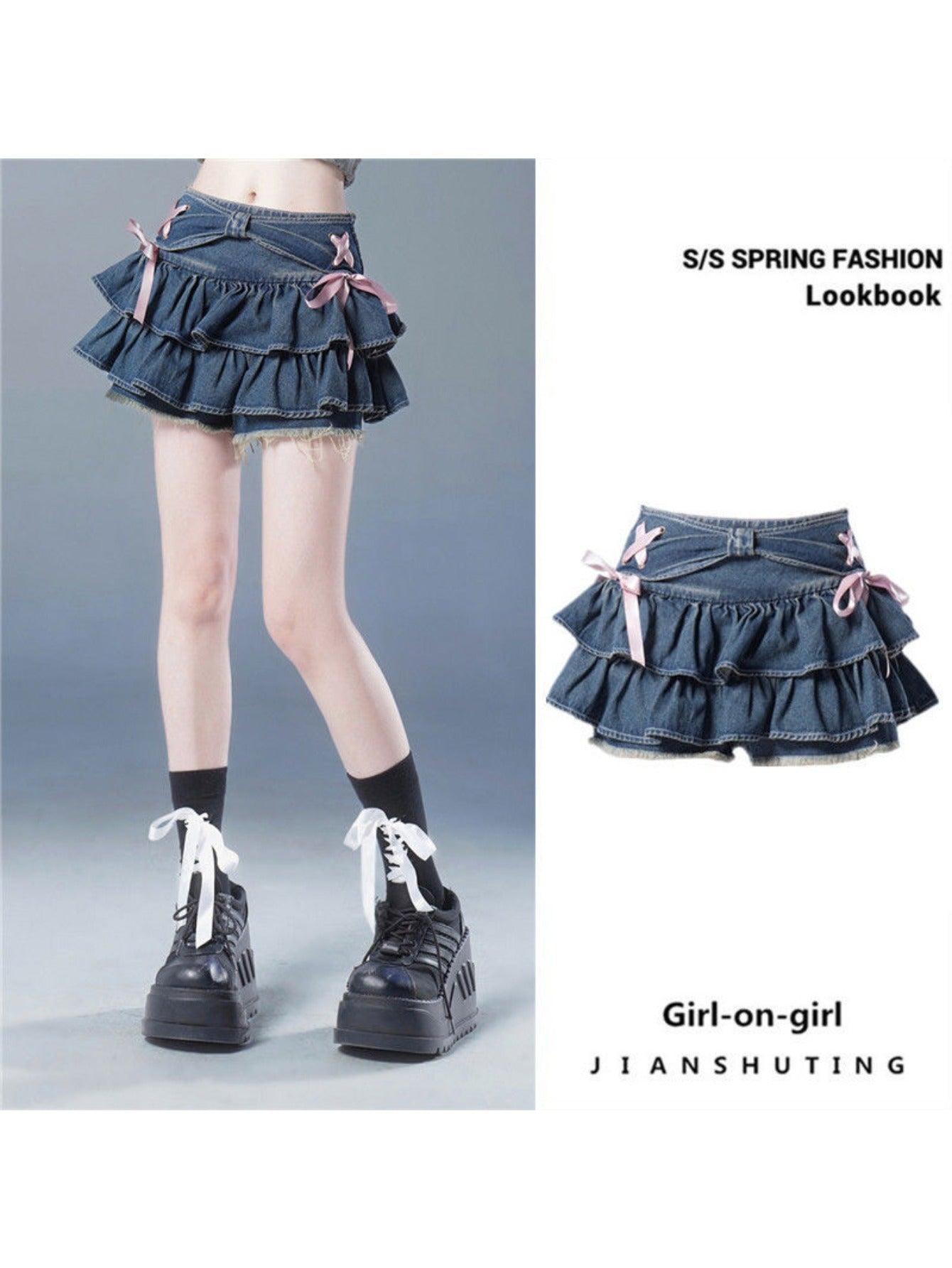 Women'S Blue Denim Pleated Mini Skirt - High Waist Slim Fit A-Line Skirt Shorts with Layered Ruffled Hem, Structured Waist & Smooth Texture, All-Season Versatile Casual to Semi-Formal Outfits, Trendy Fashion Skirt for Women,