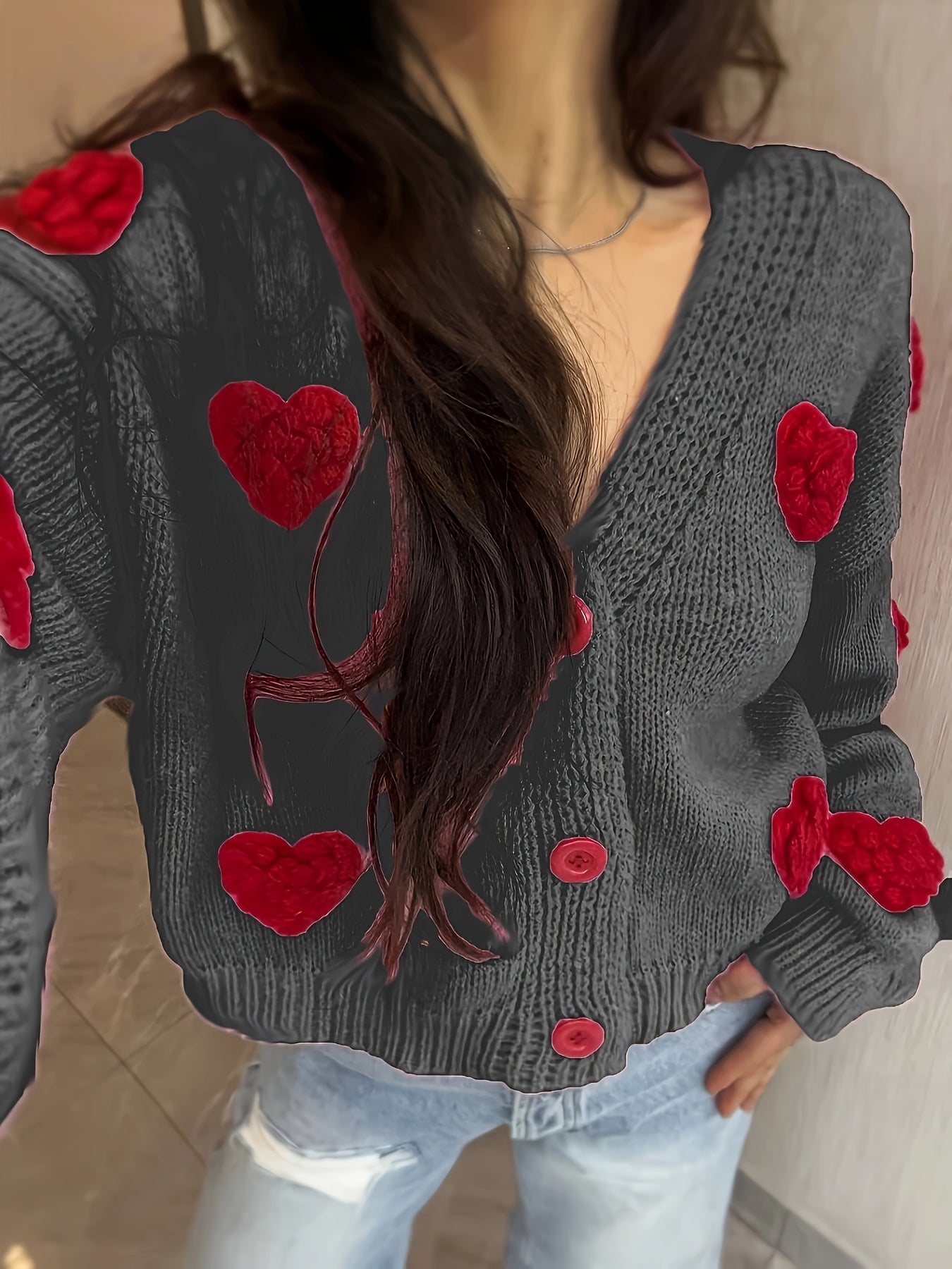 Chic Handmade Heart Pattern V-Neck Cardigan