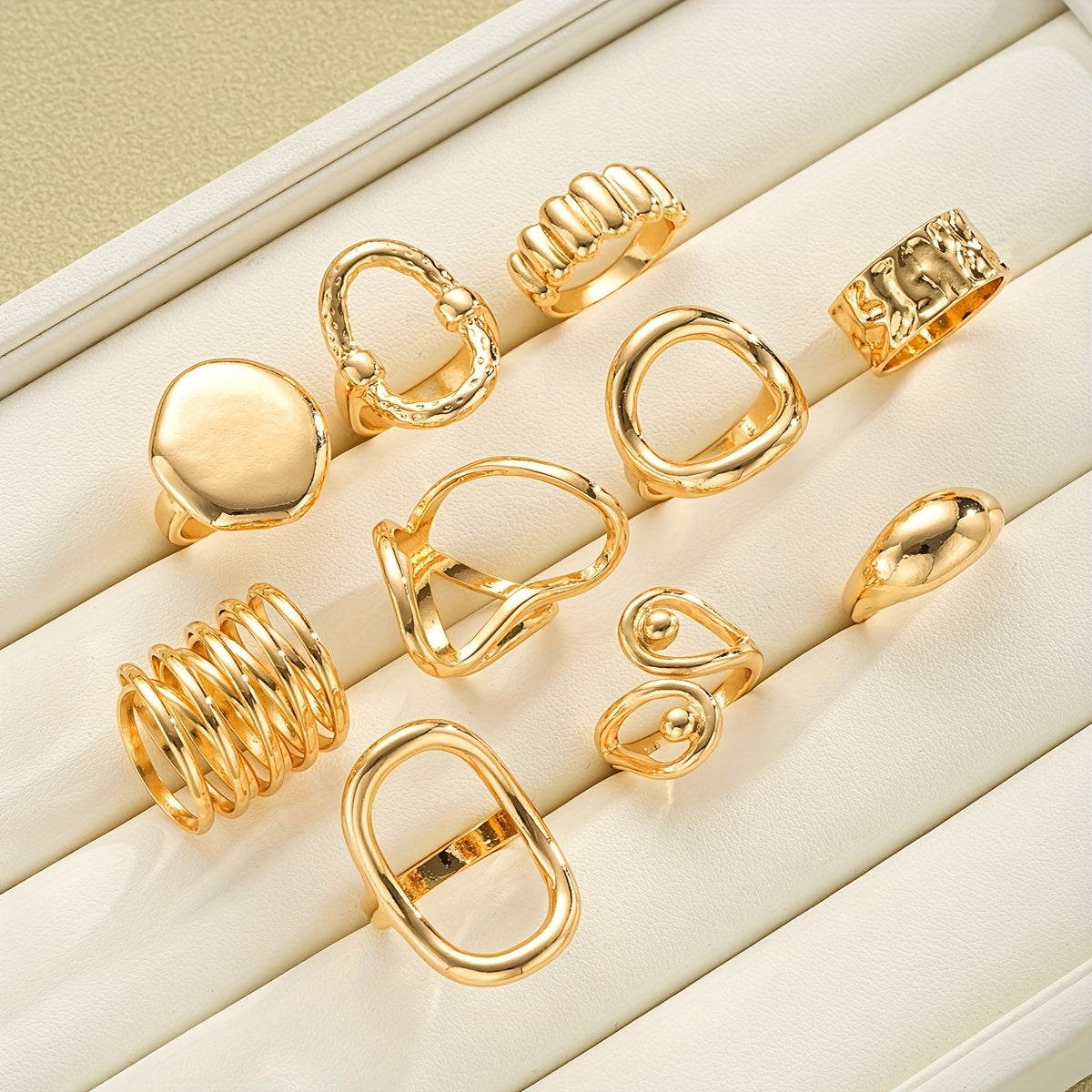 {10pcs} Geometric Pattern Hollow Wide Band Rings