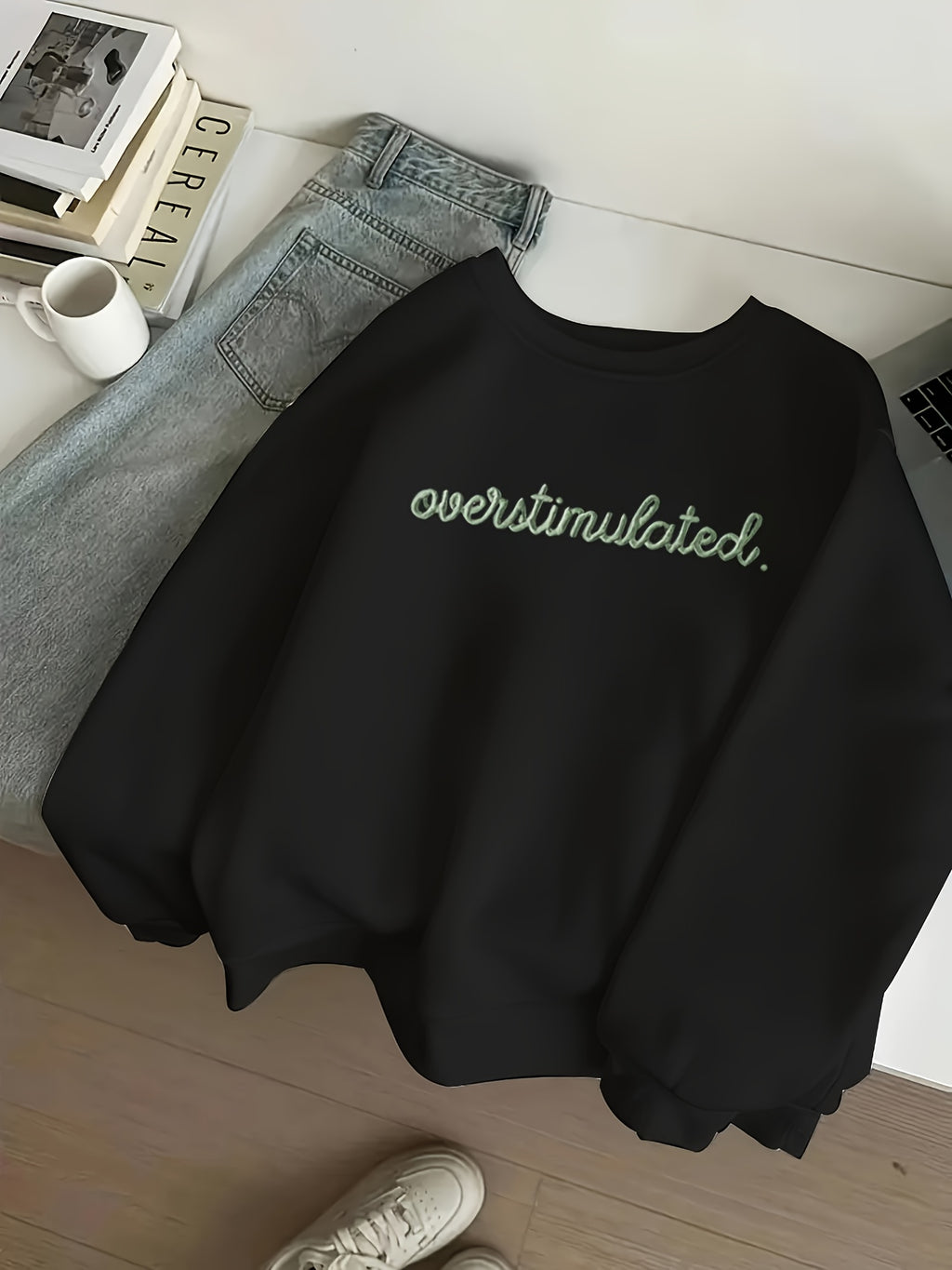 Women'S Sporty Casual Letter Print Crew Neck Sweatshirt - Cozy Fleece-Lined, Machine Washable, Black with "OVERSTIMULATED" Design, Perfect for Fall/Winter, Casual Sportswear | Relaxed Fit Sweatshirt | Machine Washable Top, Sw