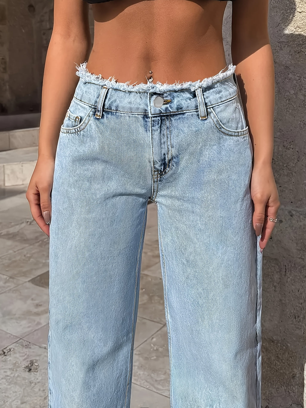 High-Waisted Wide-Leg Distressed Denim Jeans