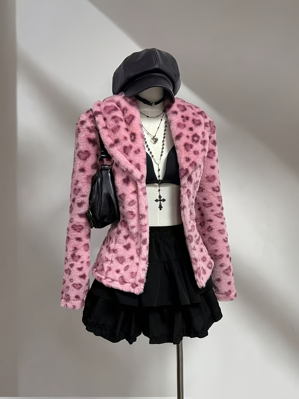 Women's Retro 80s Inspired Pink & Black Leopard Print Lapel Collar Blazer Jacket - Faux Fur Trim, Structured Lapel Collar, Machine Washable All-Season Outerwear with Faux Fur Hem & Trim, Elegant A-Line Silhouette for Layering