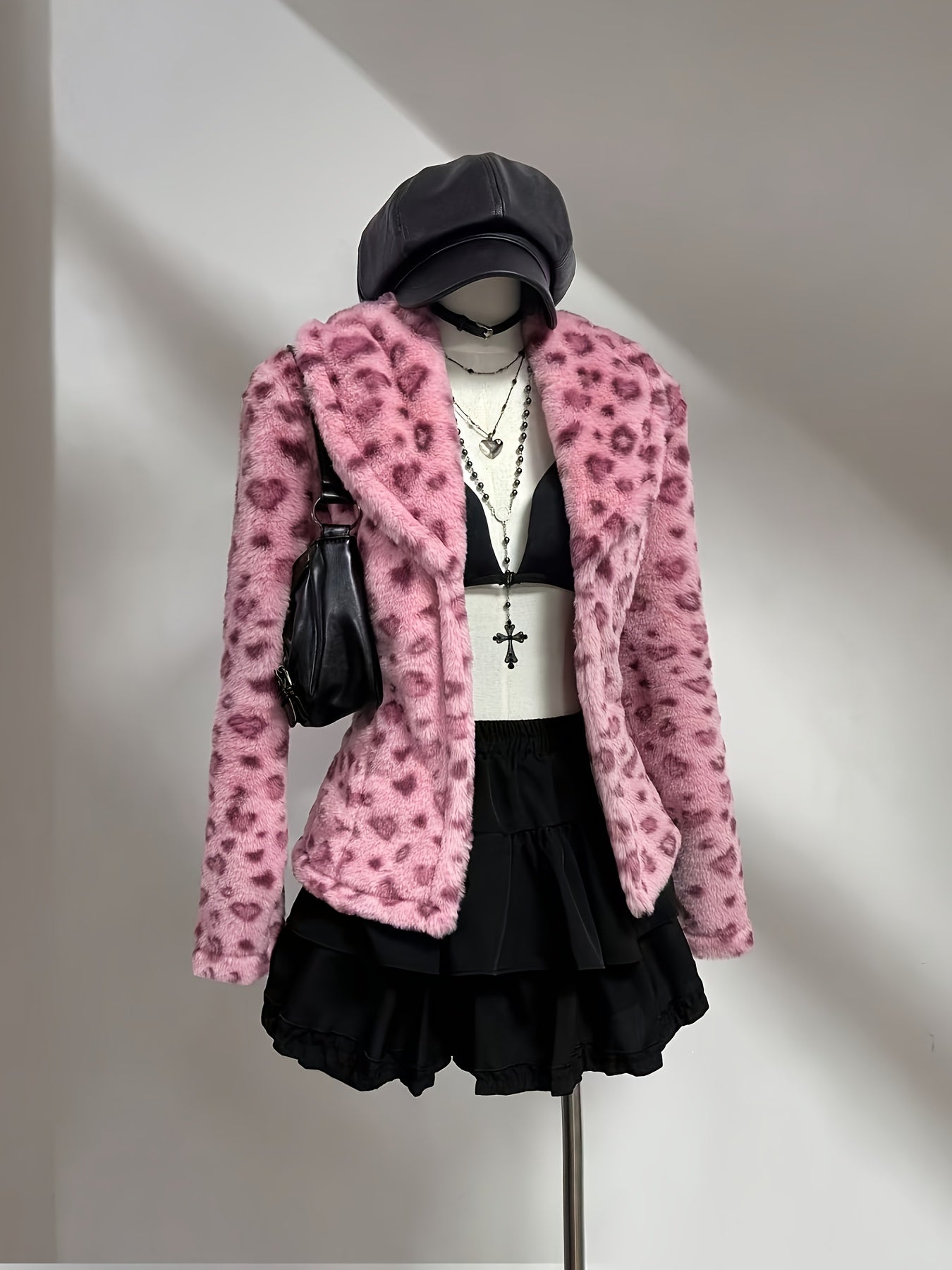Women's Retro 80s Inspired Pink & Black Leopard Print Lapel Collar Blazer Jacket - Faux Fur Trim, Structured Lapel Collar, Machine Washable All-Season Outerwear with Faux Fur Hem & Trim, Elegant A-Line Silhouette for Layering