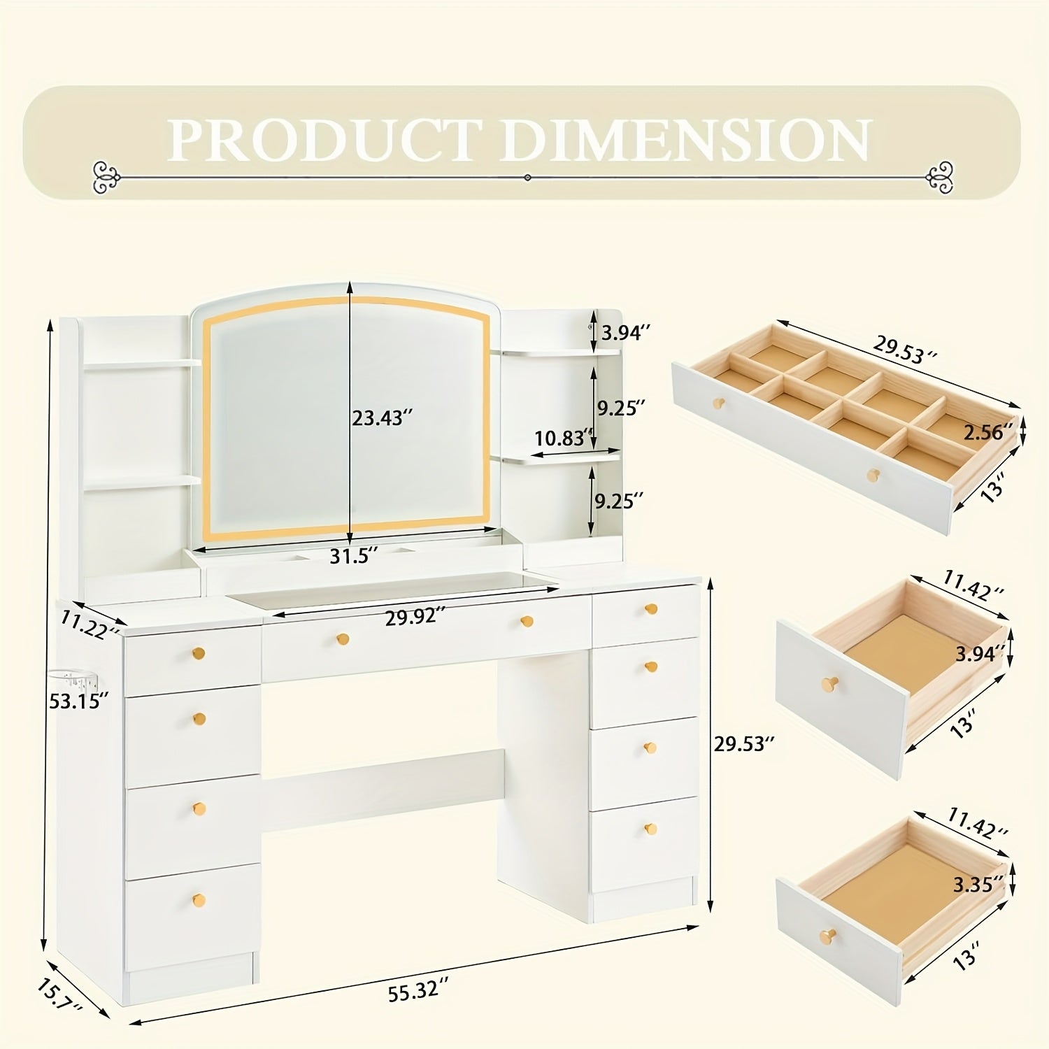 Modern White Makeup Vanity Desk with Large LED Mirror & Charging Station