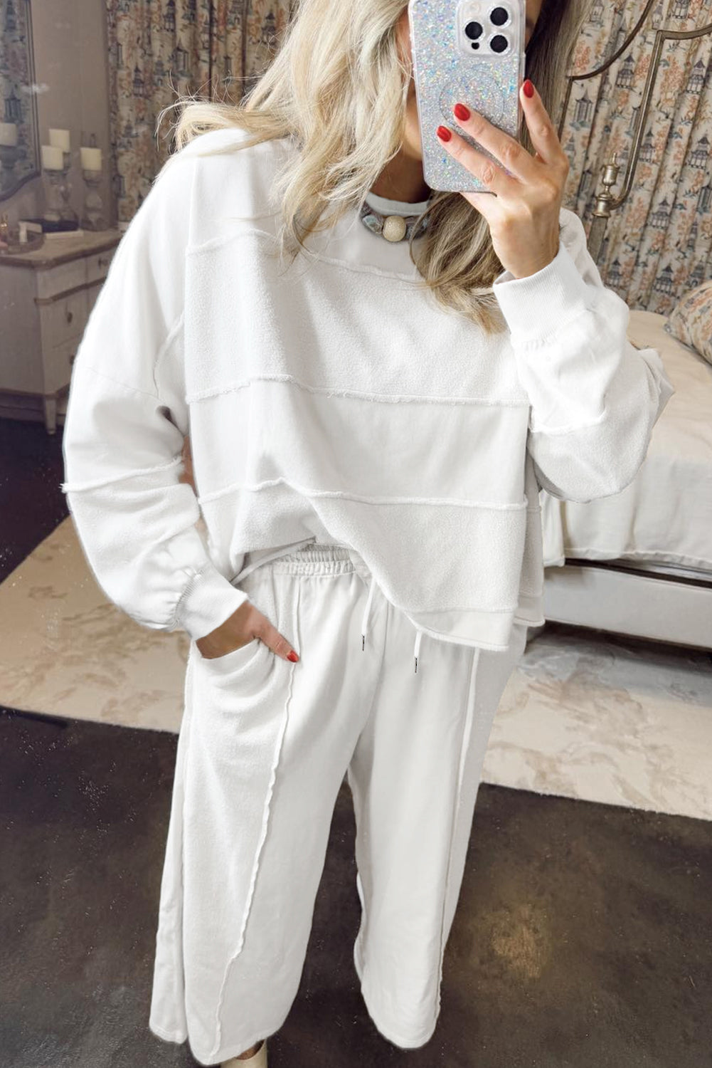 White Textured Raw Seam Plus Size Pullover Top and Drawstring Pants Set