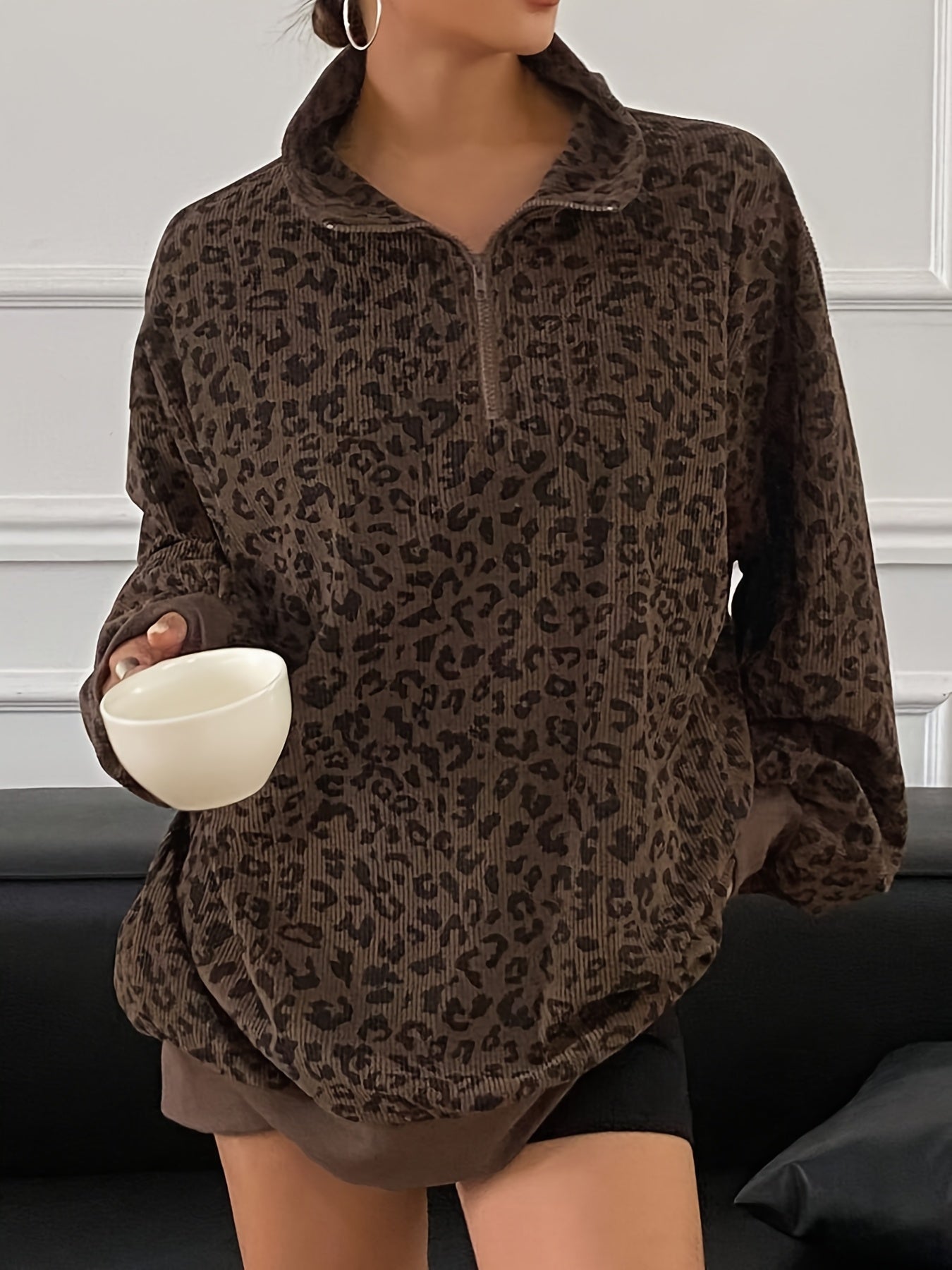 Leopard Print Half-Zip Sweatshirt