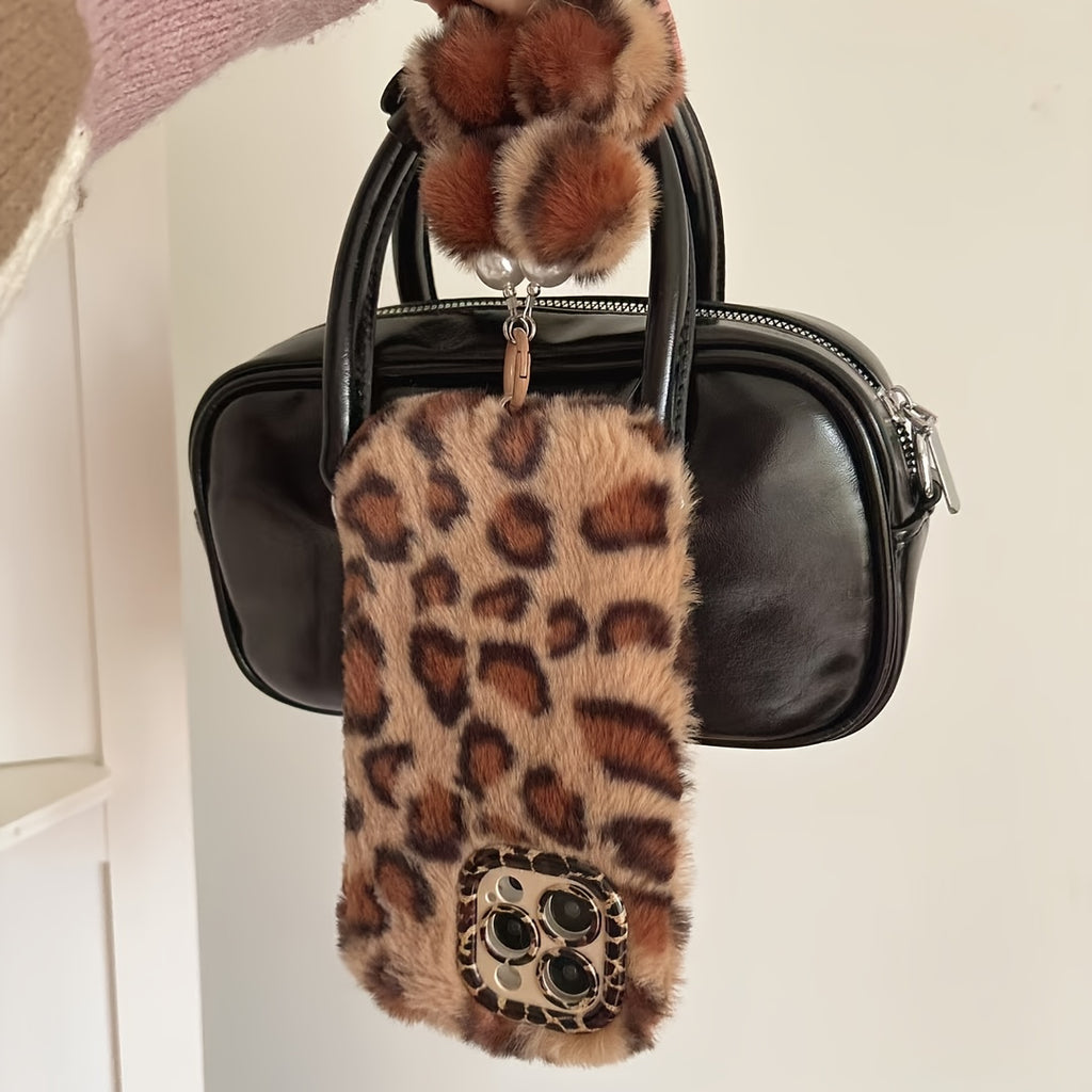 Fluffy Leopard Print iPhone Case with a Wrist Strap