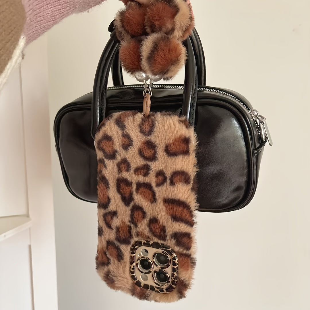 Fluffy Leopard Print iPhone Case with a Wrist Strap