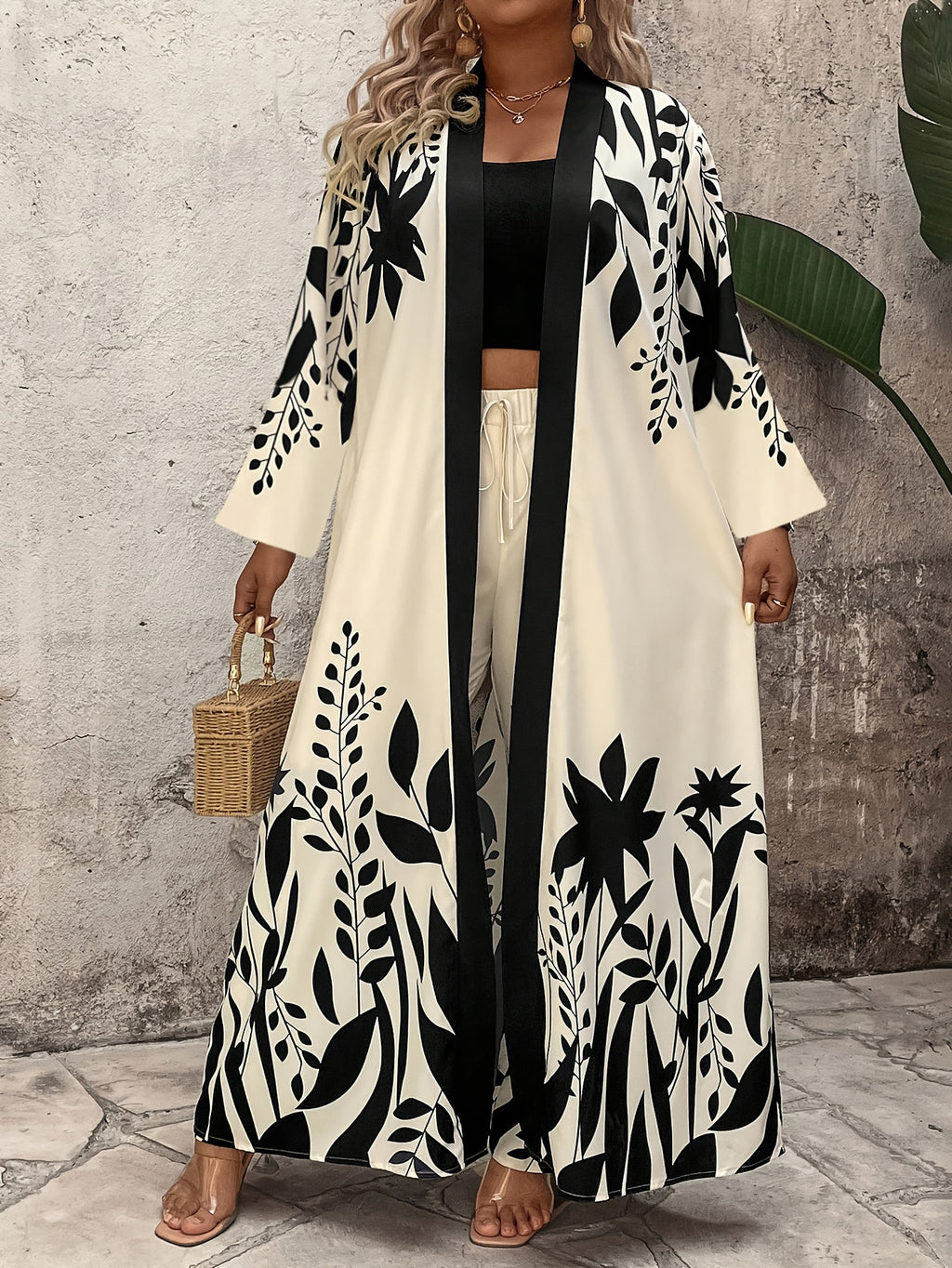 Tropical Leaf Print Maxi Coat & Wide-Leg Pants Set