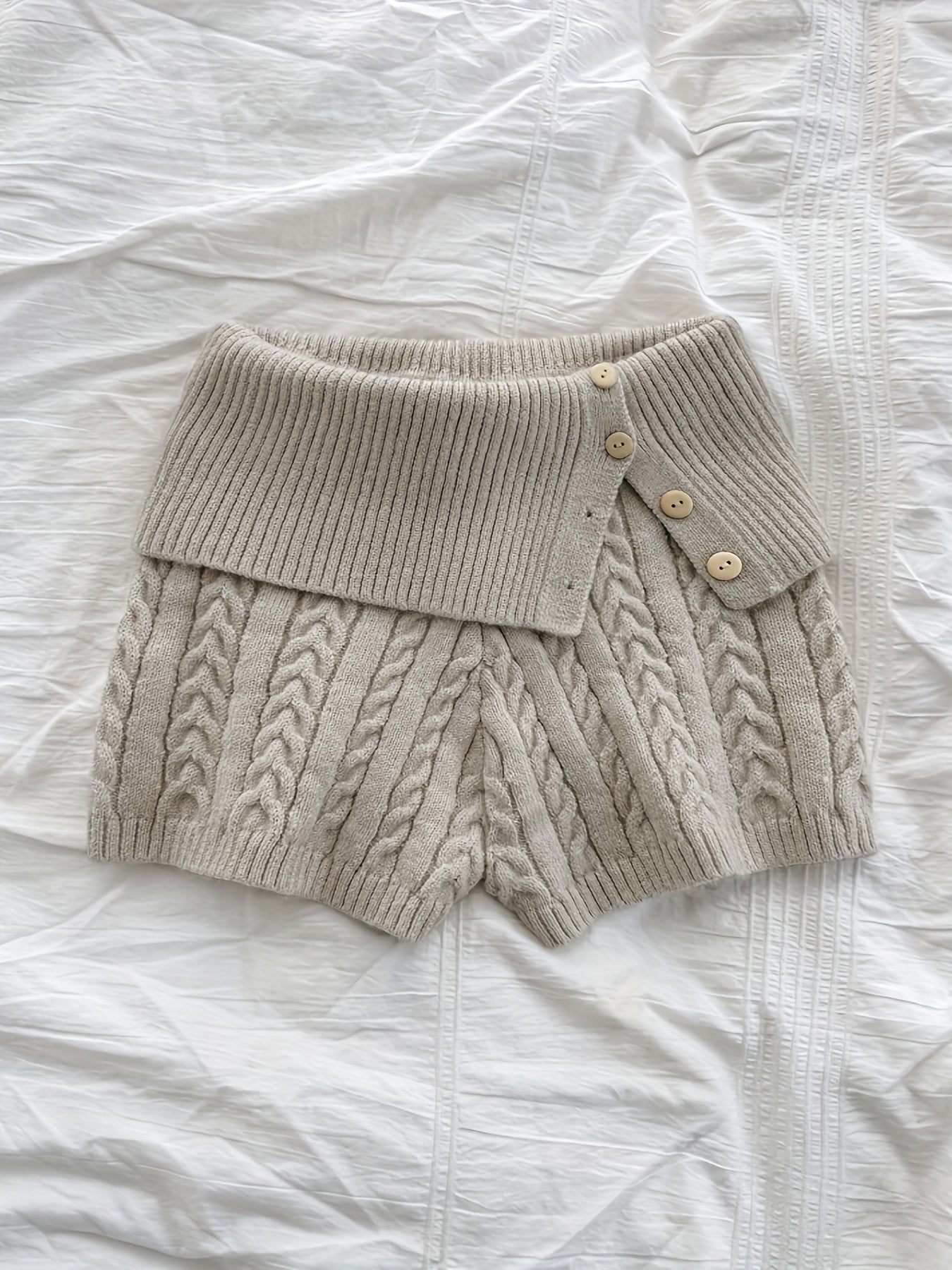 Lapel Button Waist Sweater Shorts