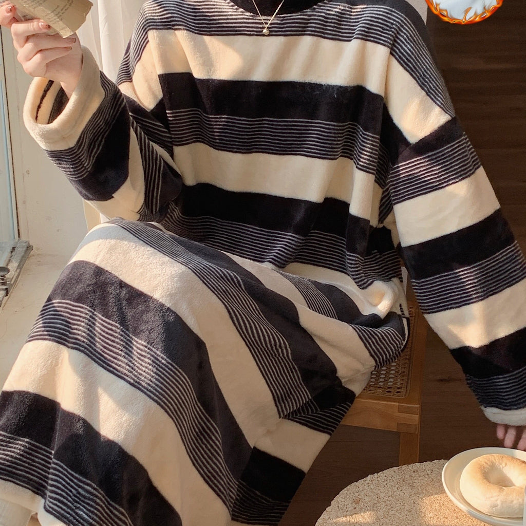 Stripe Print Casual Fleece Sleepwear Dress