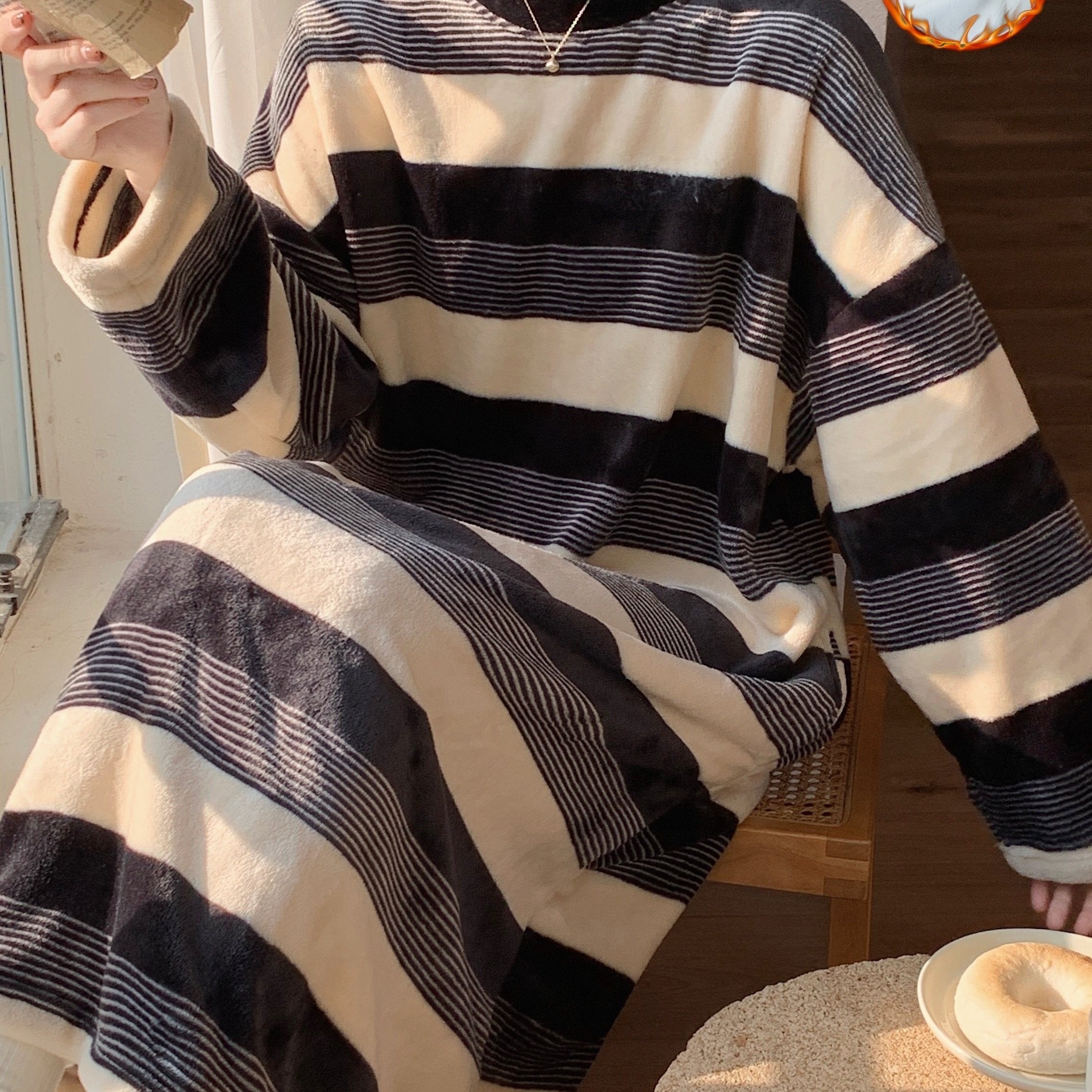 Stripe Print Casual Fleece Sleepwear Dress
